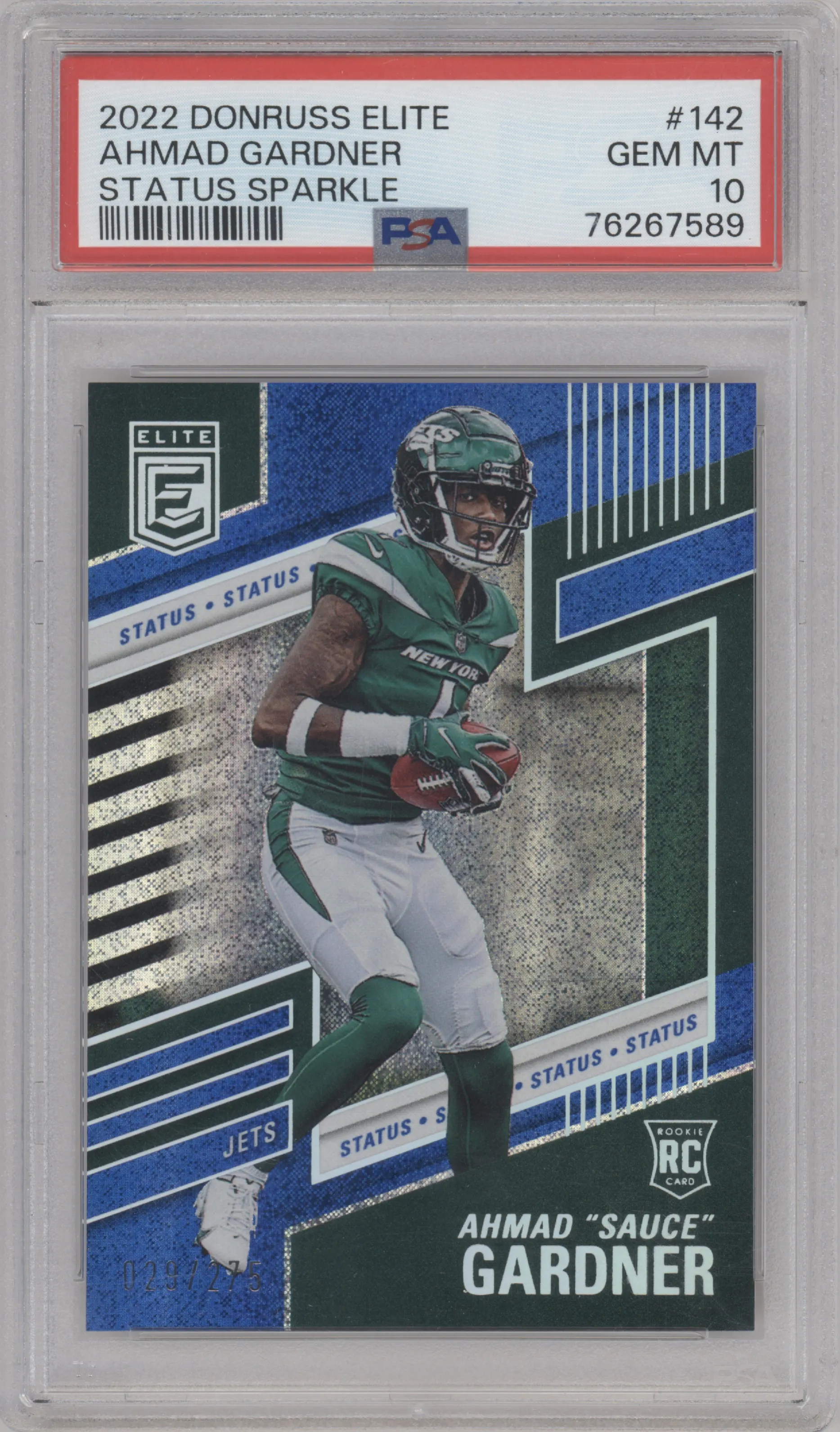 Ahmad "Sauce" Gardner from the 2022 Panini Donruss Elite set featuring a Status Sparkle parallel graded by PSA and given an overall grade of 10.