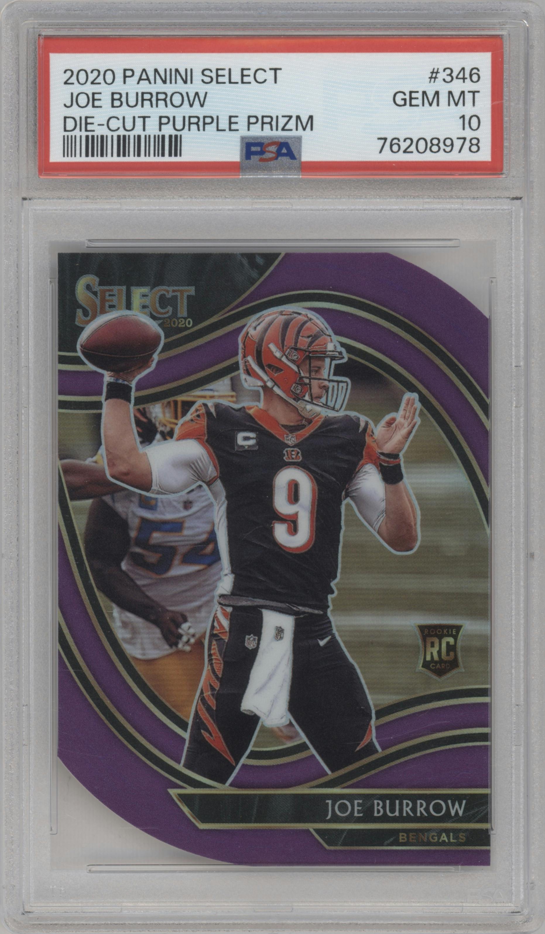 Joe Burrow from the 2020 Panini Select set featuring a Die-Cut Purple parallel graded by PSA and given an overall grade of 10.