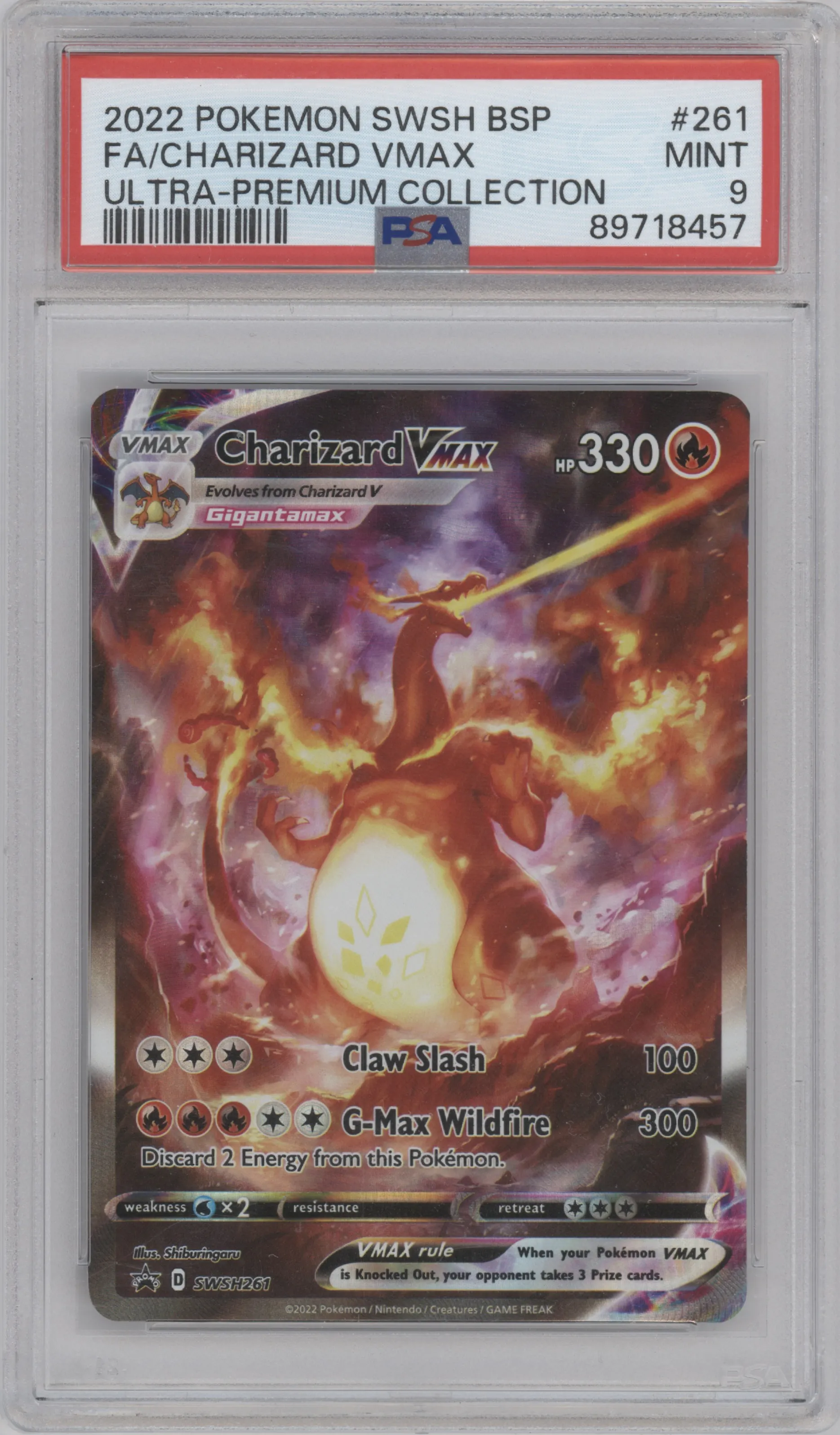 Charizard VMAX  from the 2022 Pokemon SWSH set featuring a Ultra Premium Collection parallel graded by PSA and given an overall grade of 9.