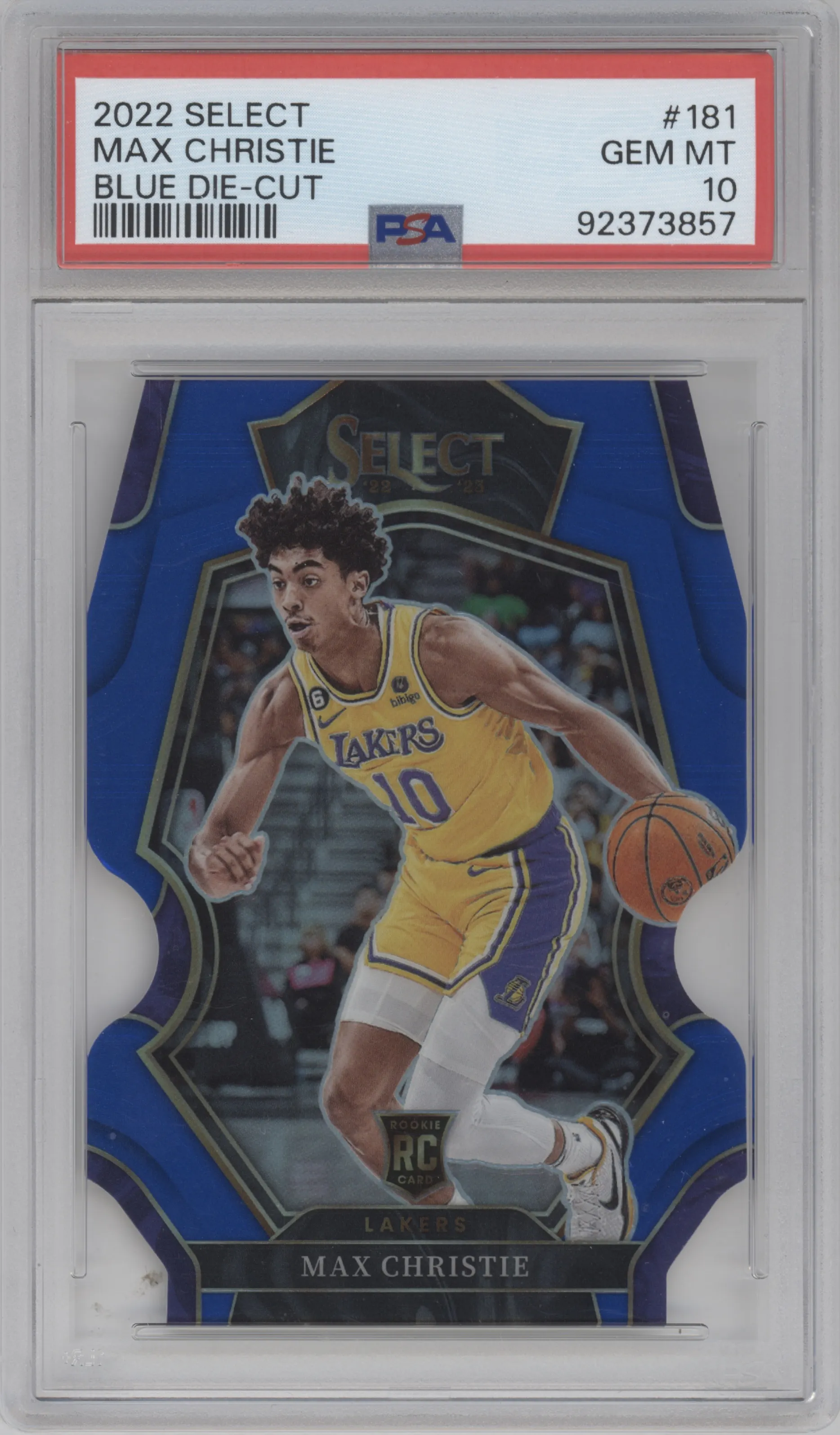 Max Christie from the 2022-23 Panini Select set featuring a Die-Cut Blue parallel graded by PSA and given an overall grade of 10.