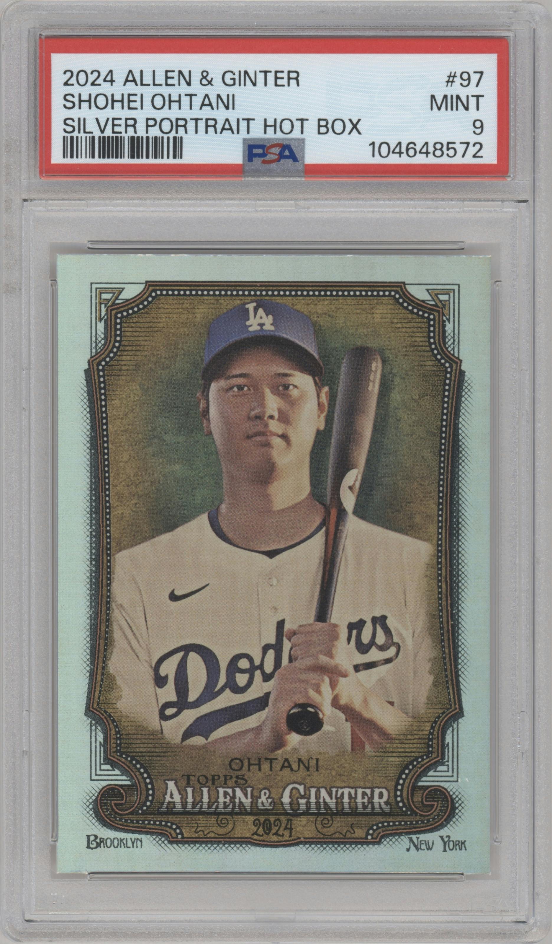 Shohei Ohtani from the 2024 Topps Allen & Ginter set featuring a Silver Portrait parallel graded by PSA and given an overall grade of 9.