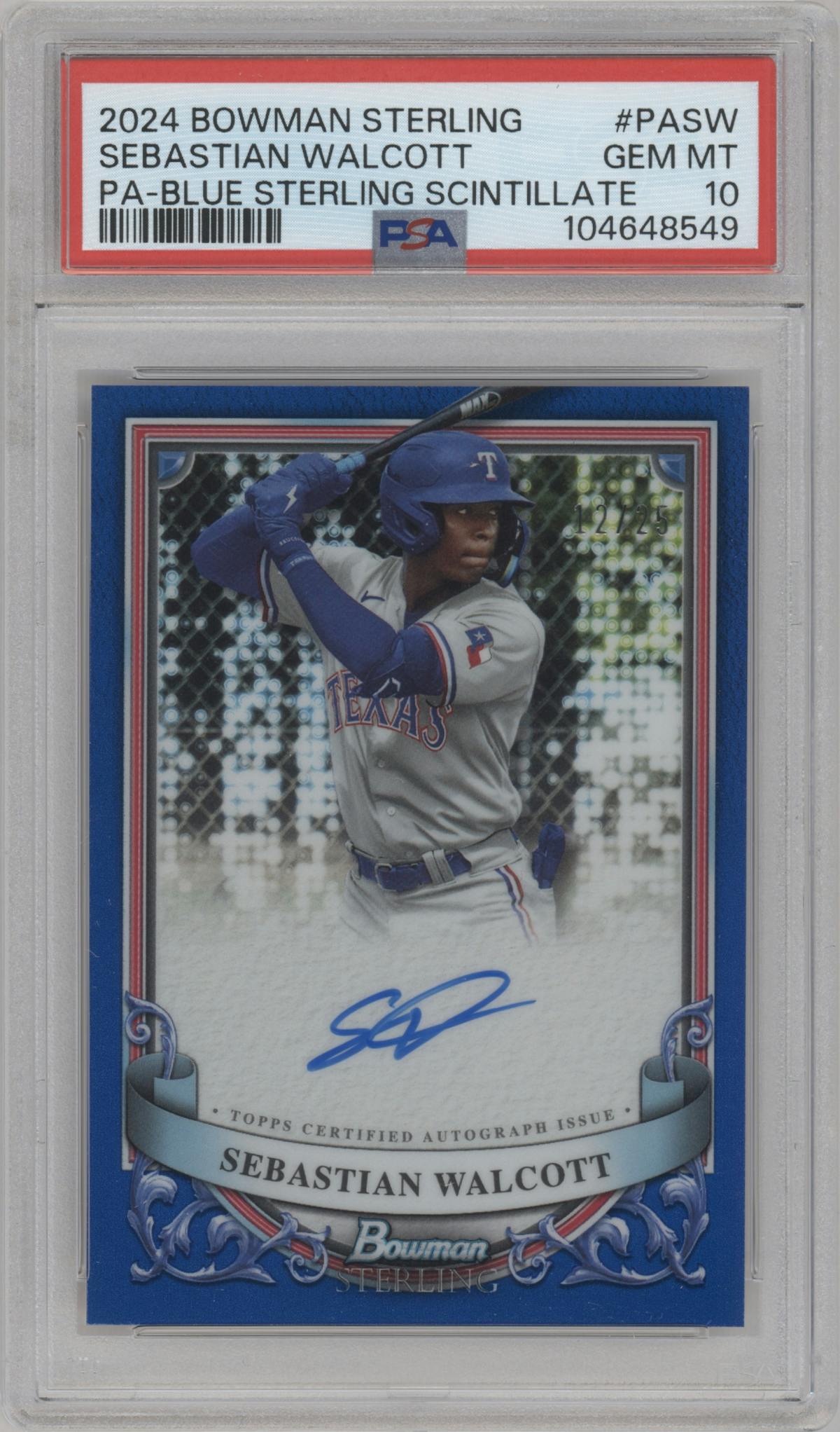 Sebastian Walcott	 from the 2024 Bowman Sterling set featuring a Blue Sterling Scintillate parallel graded by PSA and given an overall grade of 10.