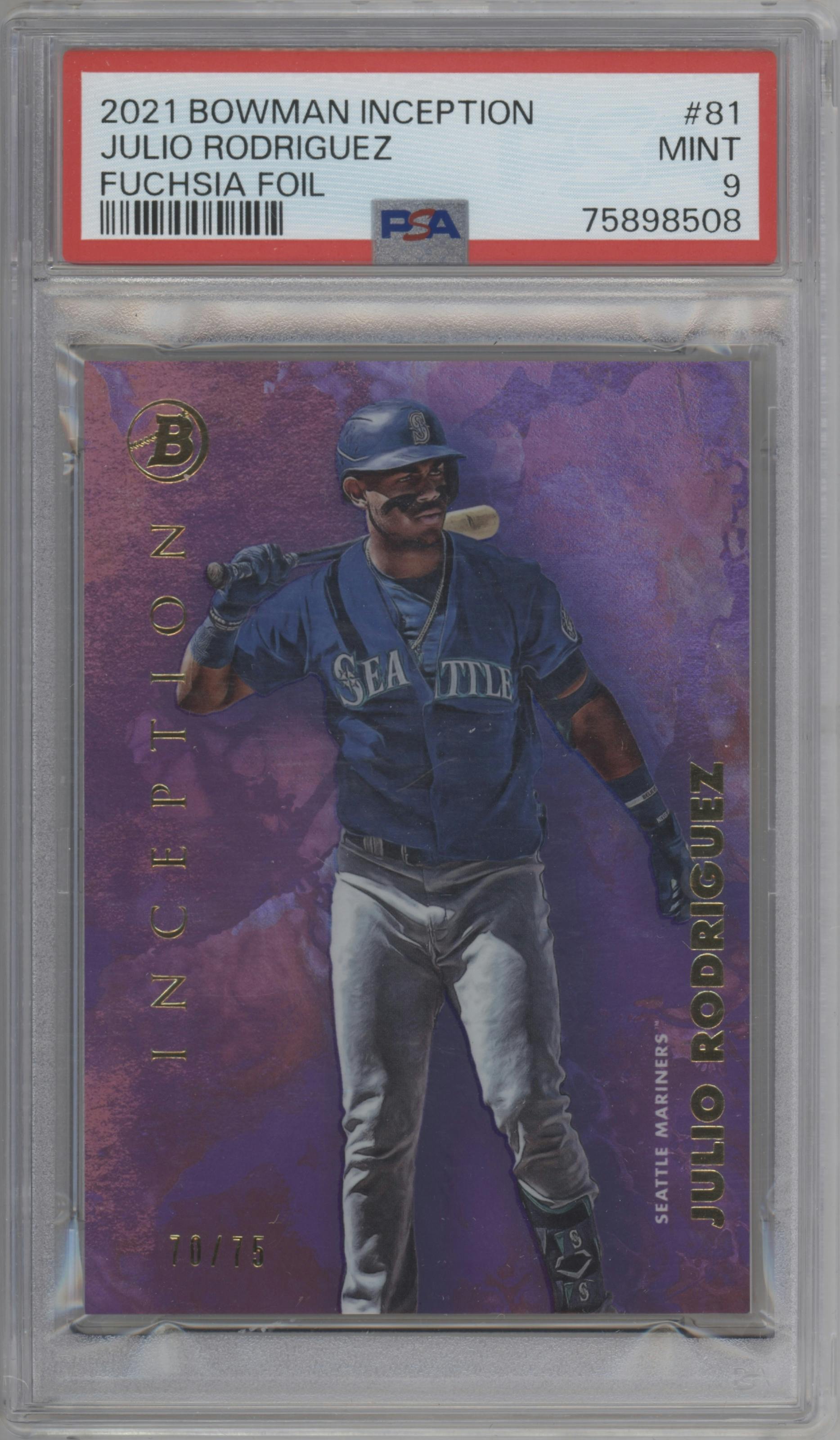 Julio Rodriguez from the 2021 Bowman Inception set featuring a Foil Fuchsia parallel graded by PSA and given an overall grade of 9.