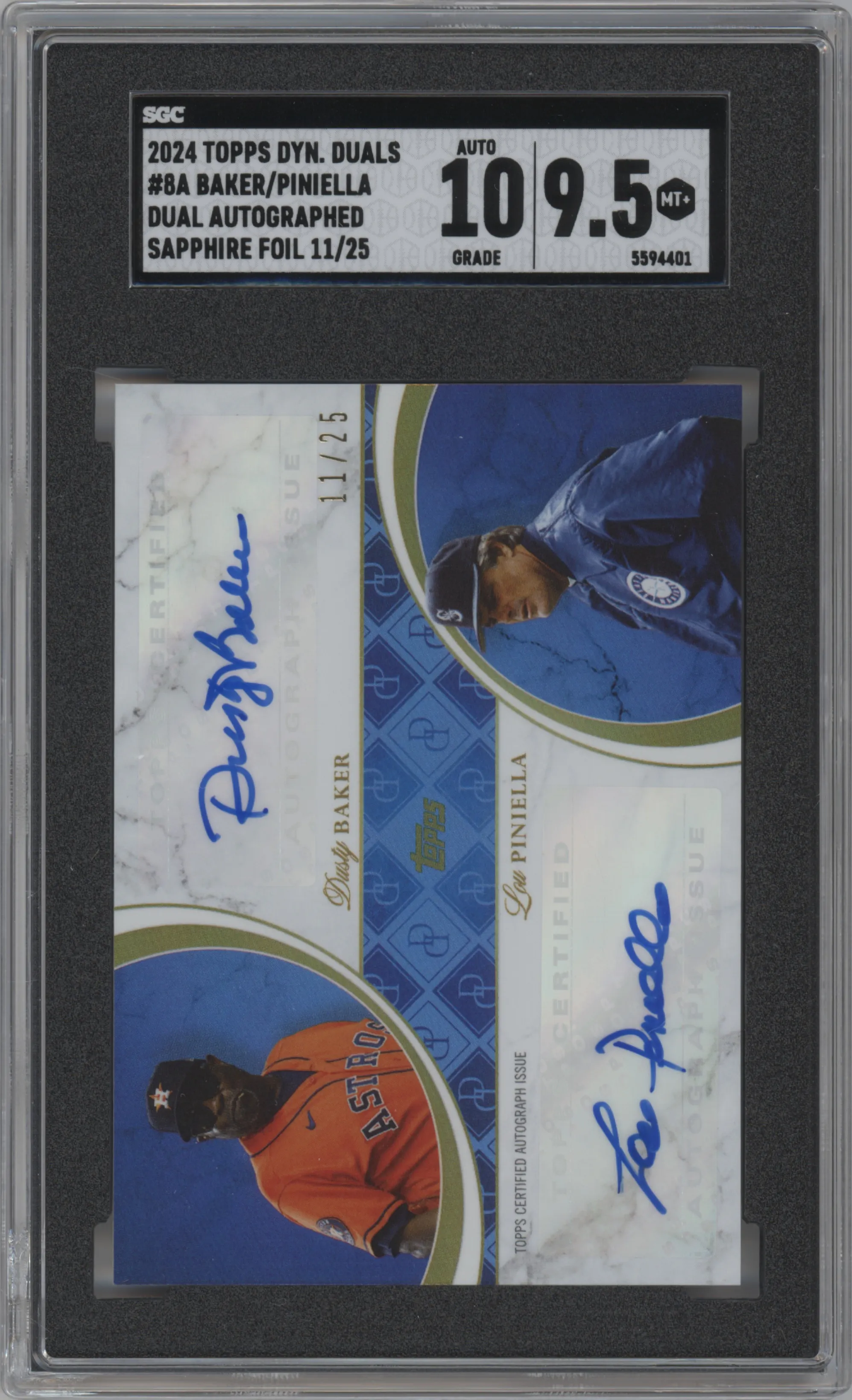 Dusty Baker/Lou Piniella from the 2024 Topps Dynamic Duals set graded by SGC and given an overall grade of 9.5.