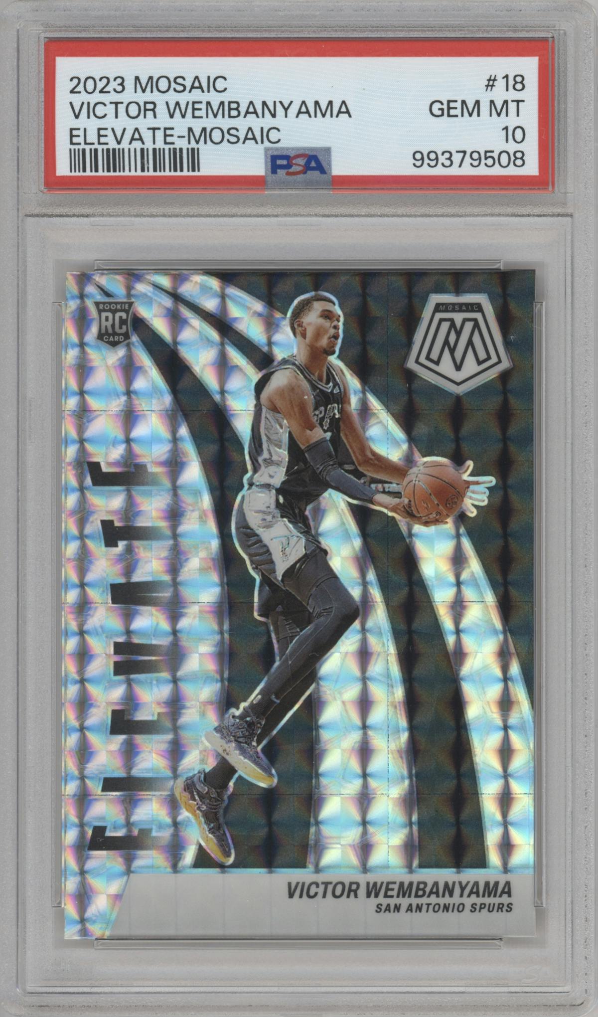 Victor Wembanyama from the 2023-24 Panini Mosaic set featuring a Mosaic parallel graded by PSA and given an overall grade of 10.