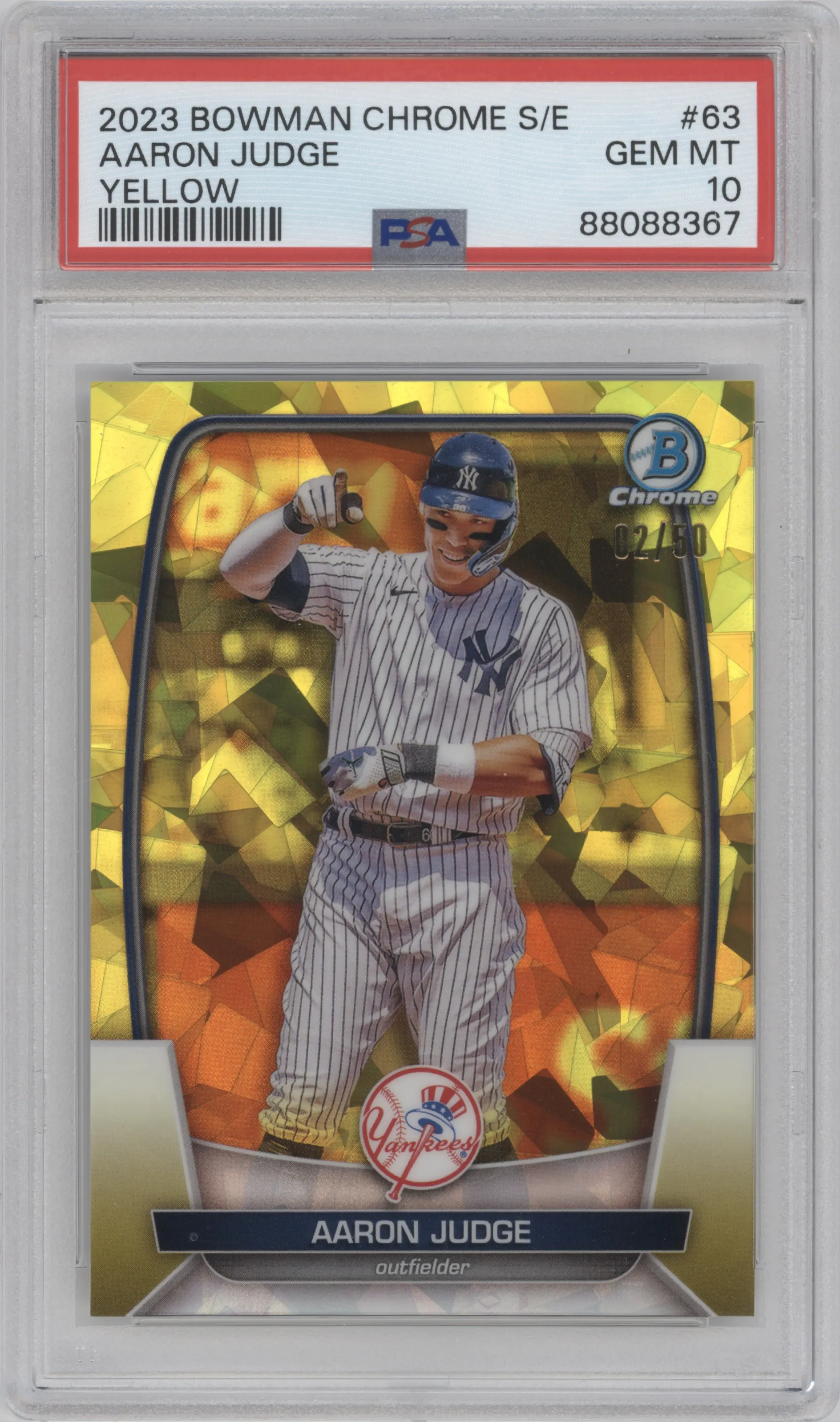 Aaron Judge from the 2023 Bowman Chrome Sapphire Edition set featuring a Yellow parallel graded by PSA and given an overall grade of 10.