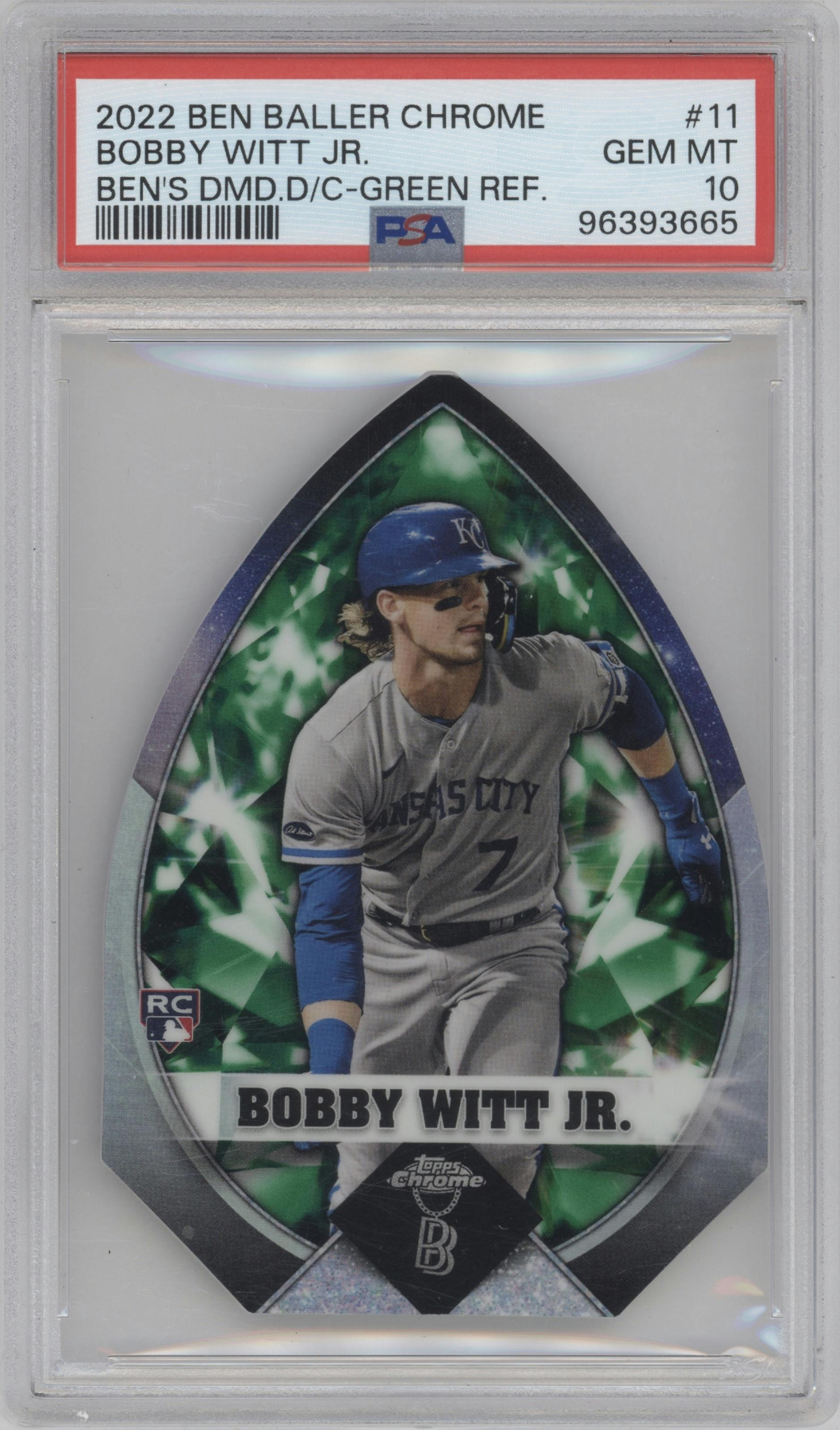 Bobby Witt Jr. from the 2022 Topps Chrome Ben Baller set featuring a Green Refractor  parallel graded by PSA and given an overall grade of 10.