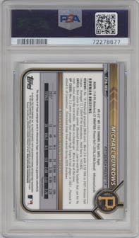 Michael Burrows from the 2022 Bowman Chrome set featuring a Gold Shimmer Refractor parallel graded by PSA and given an overall grade of 10.