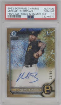 Michael Burrows from the 2022 Bowman Chrome set featuring a Gold Shimmer Refractor parallel graded by PSA and given an overall grade of 10.