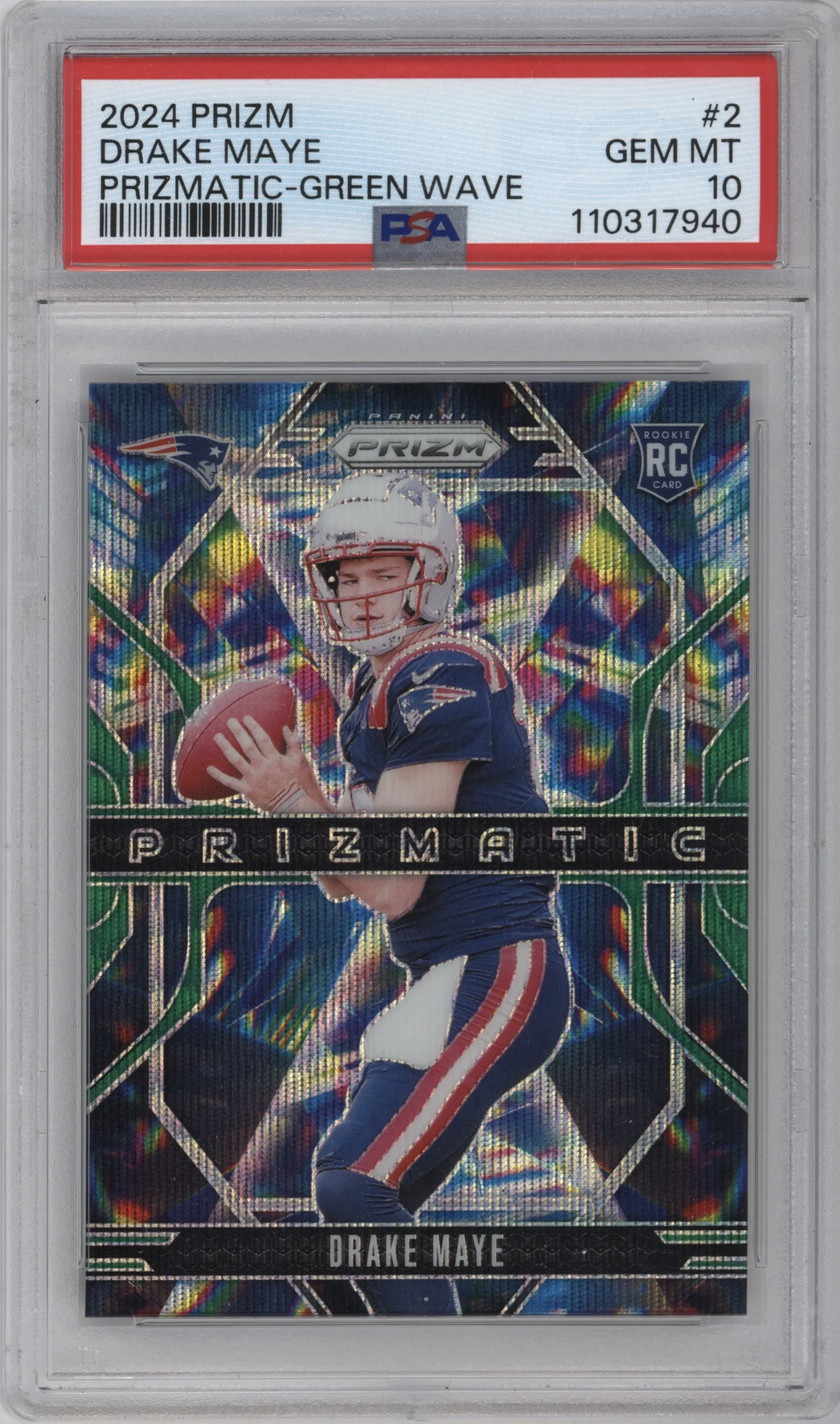 Drake Maye from the 2024 Panini Prizm set featuring a Green Wave parallel graded by PSA and given an overall grade of 10.