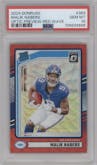 Malik Nabers from the 2024 Donruss set featuring a Red Wave parallel graded by PSA and given an overall grade of 10.