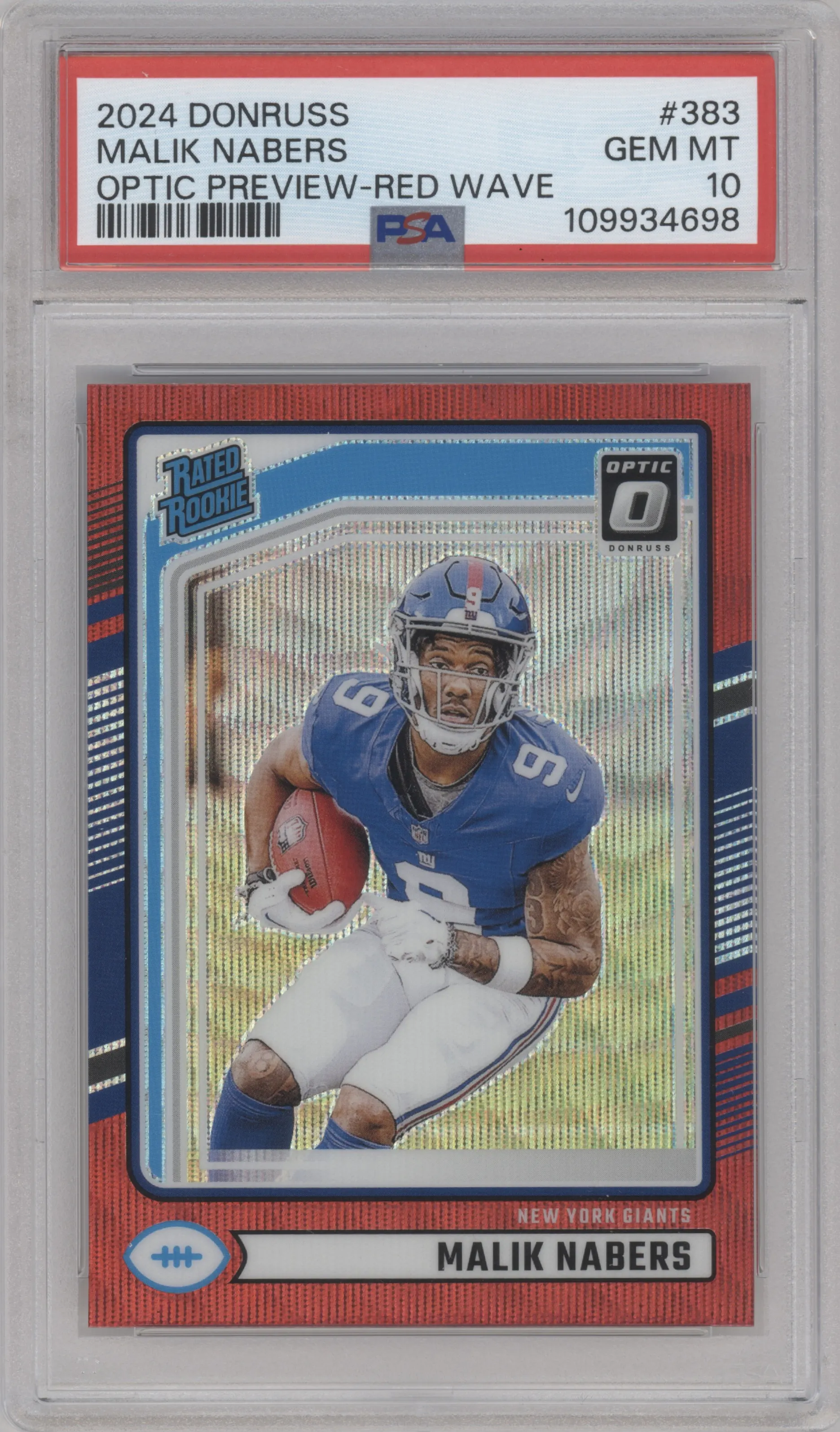Malik Nabers from the 2024 Donruss set featuring a Red Wave parallel graded by PSA and given an overall grade of 10.