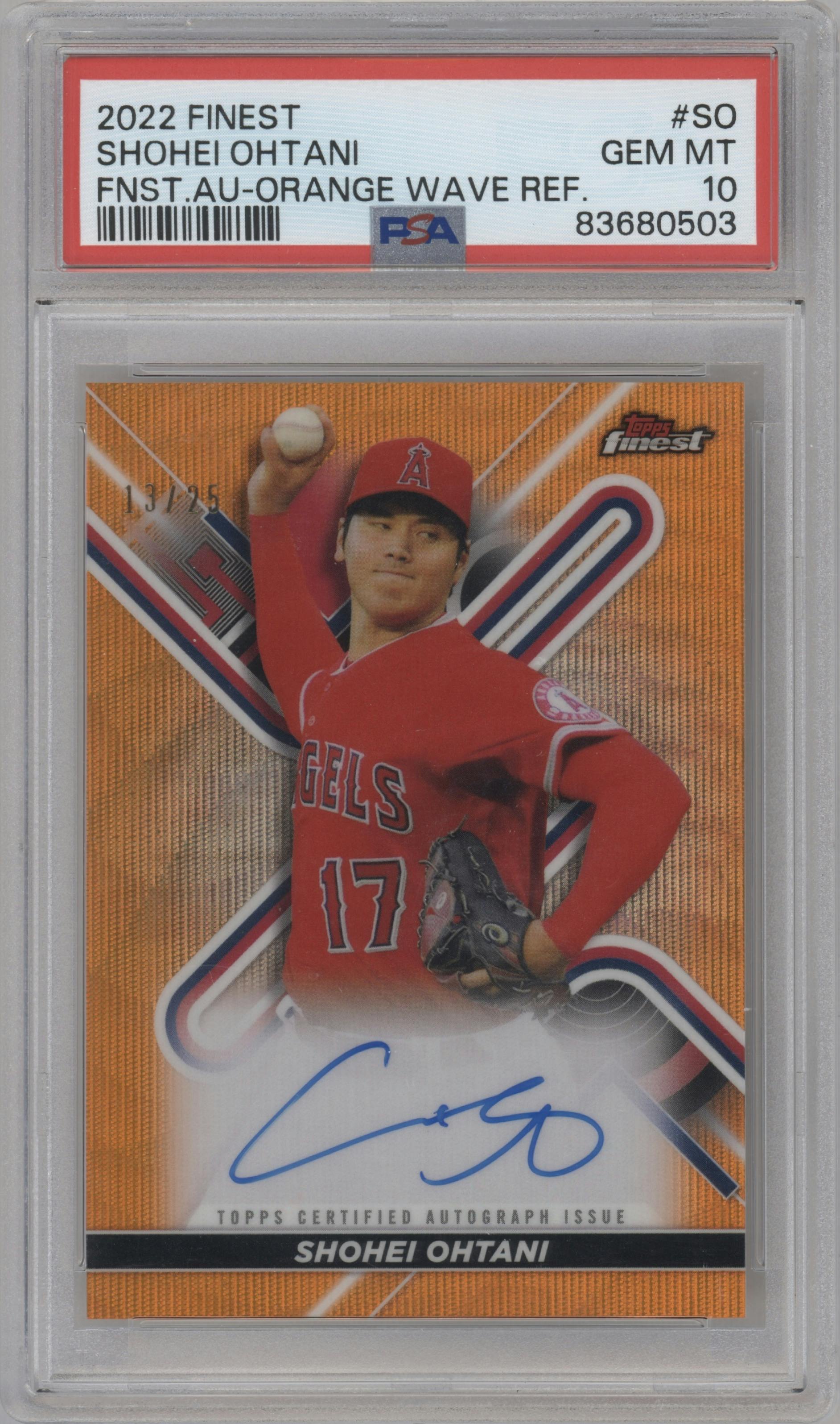 Shohei Ohtani from the 2022 Topps Finest set featuring a Orange Wave parallel graded by PSA and given an overall grade of 10.