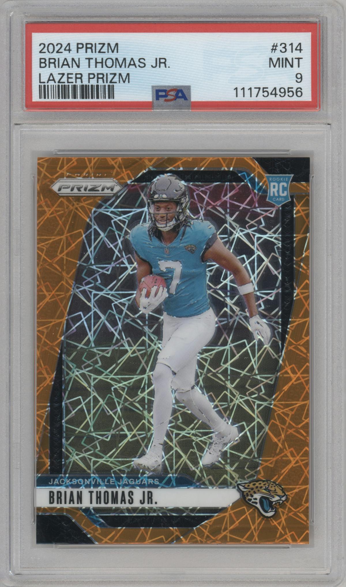 Brian Thomas Jr. from the 2024 Panini Prizm set featuring a Lazer Prizm parallel graded by PSA and given an overall grade of 9.