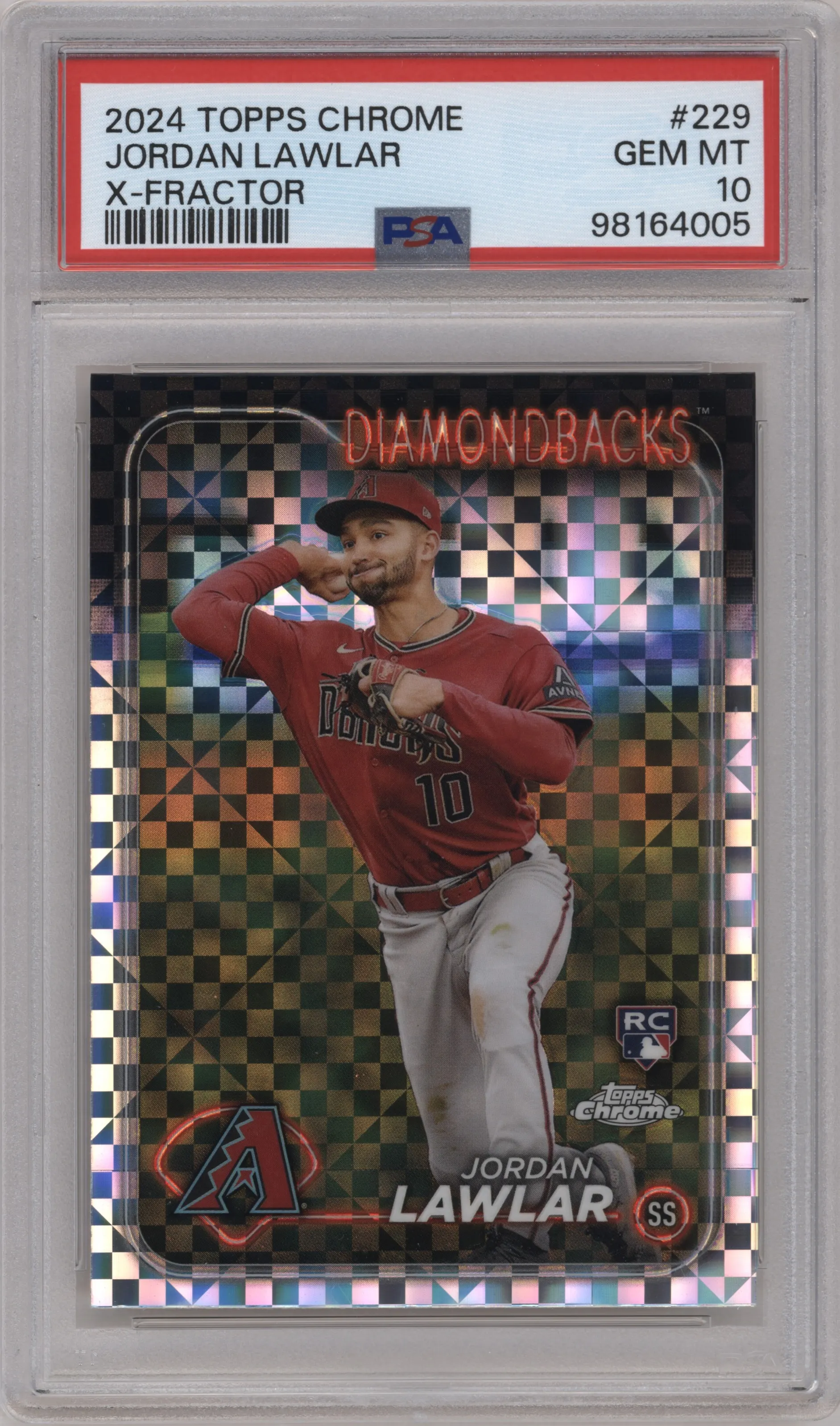 Jordan Lawlar from the 2024 Topps Chrome set featuring a X-Fractor parallel graded by PSA and given an overall grade of 10.