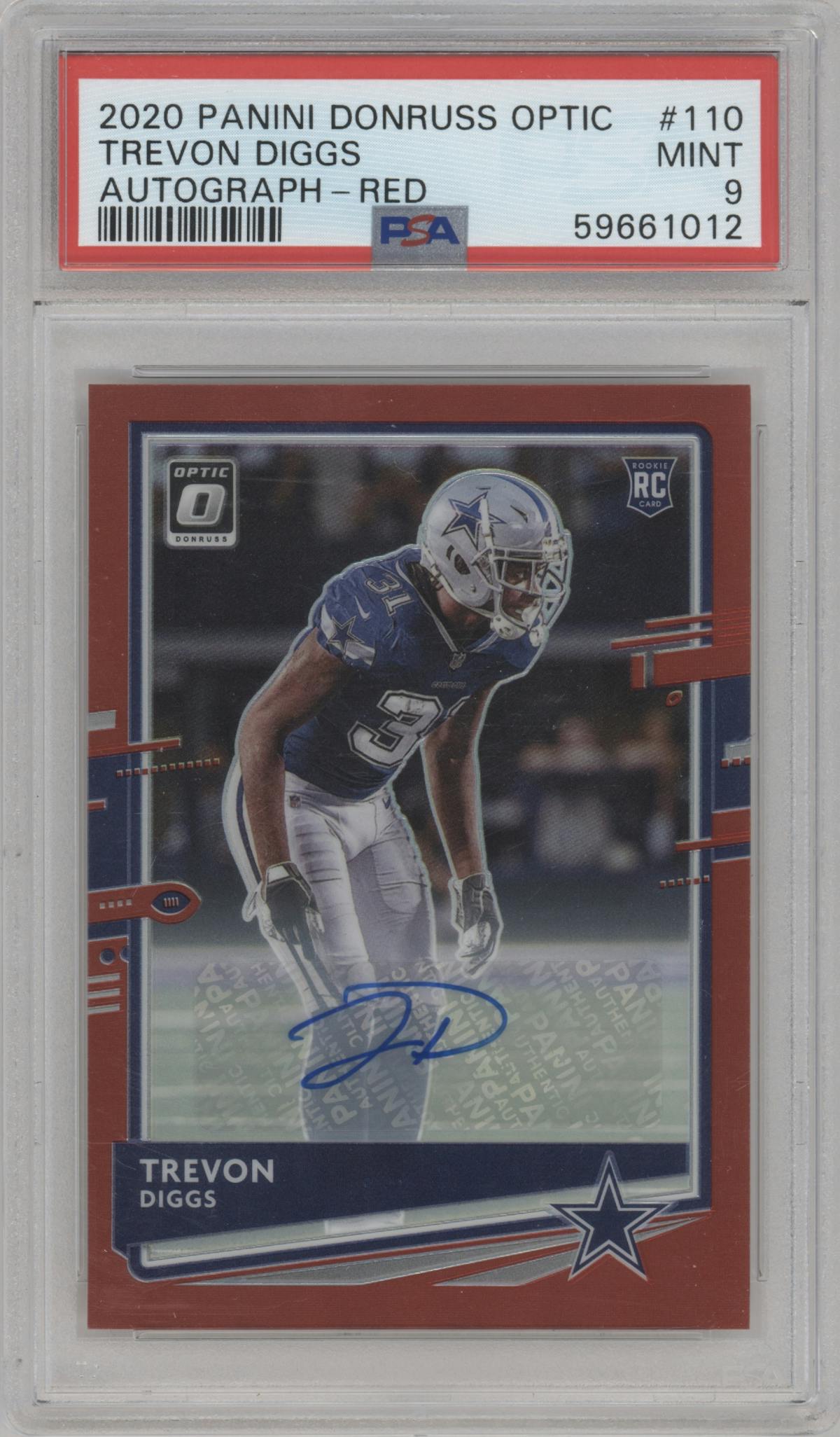 Trevon Diggs from the 2020 Panini Donruss Optic set featuring a Red parallel graded by PSA and given an overall grade of 9.