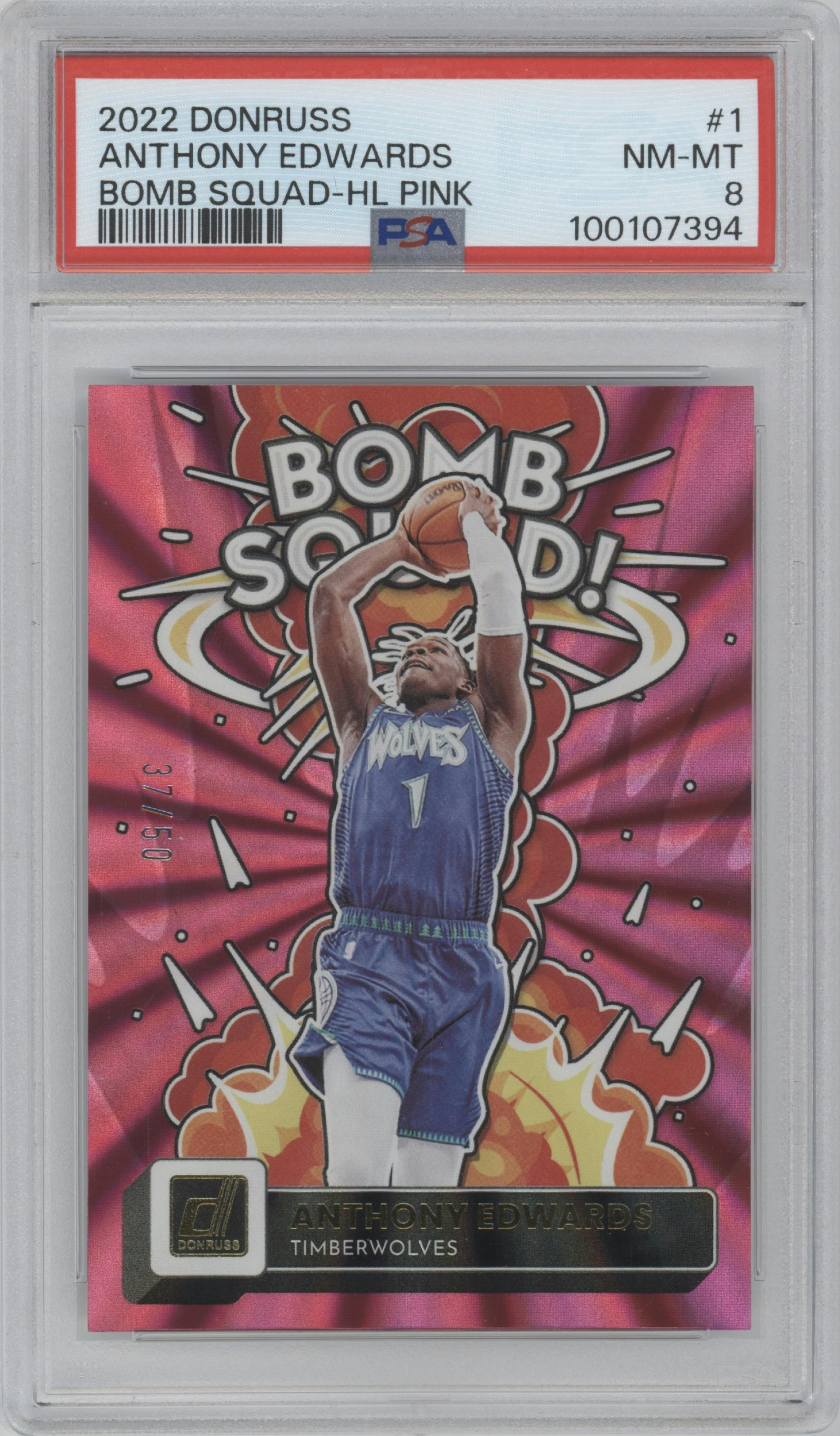 Anthony Edwards from the 2022-23 Panini Donruss set featuring a Holo Laser Pink parallel graded by PSA and given an overall grade of 8.