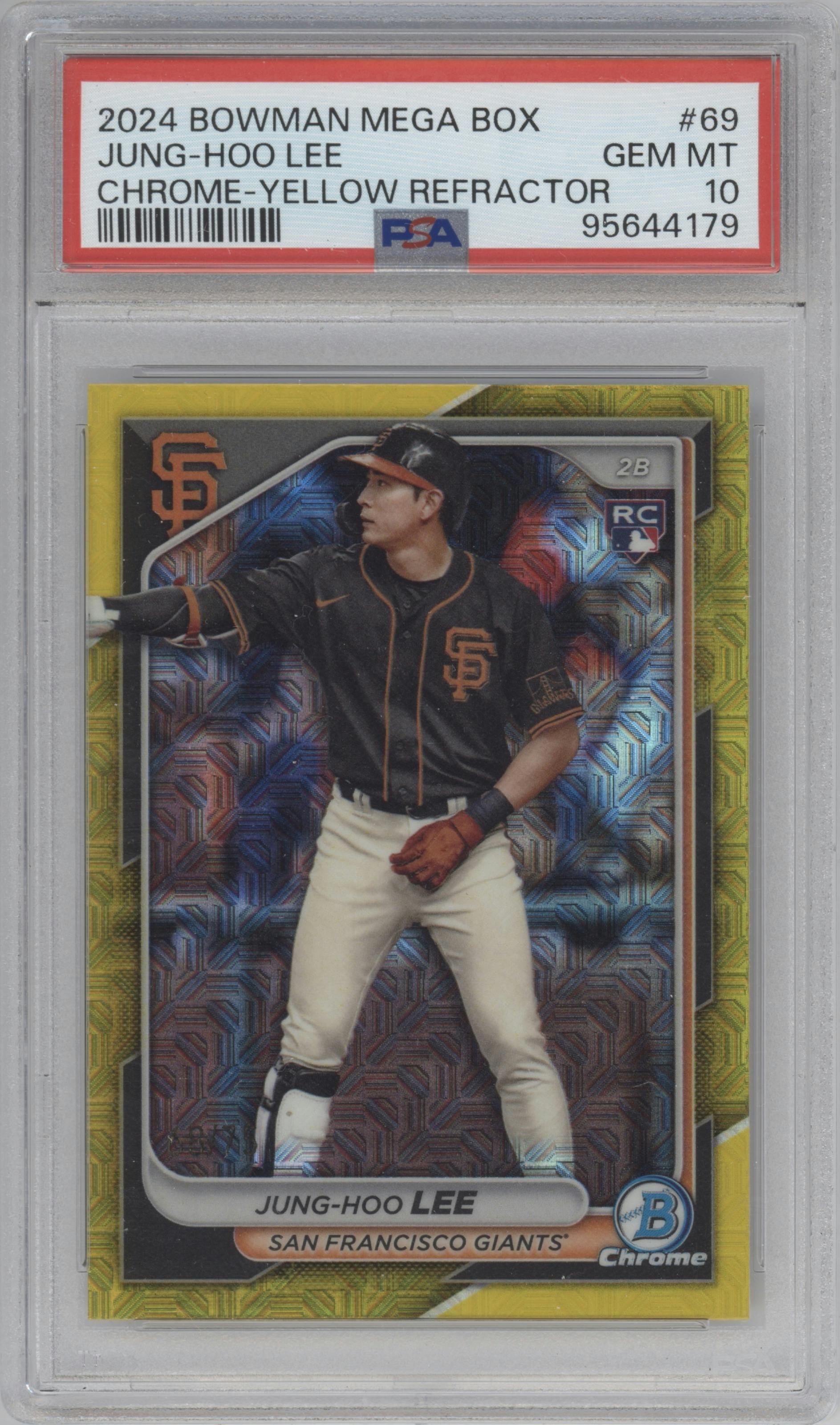 Jung-Hoo Lee from the 2024 Bowman Mega Box set featuring a Yellow Refractor parallel graded by PSA and given an overall grade of 10.