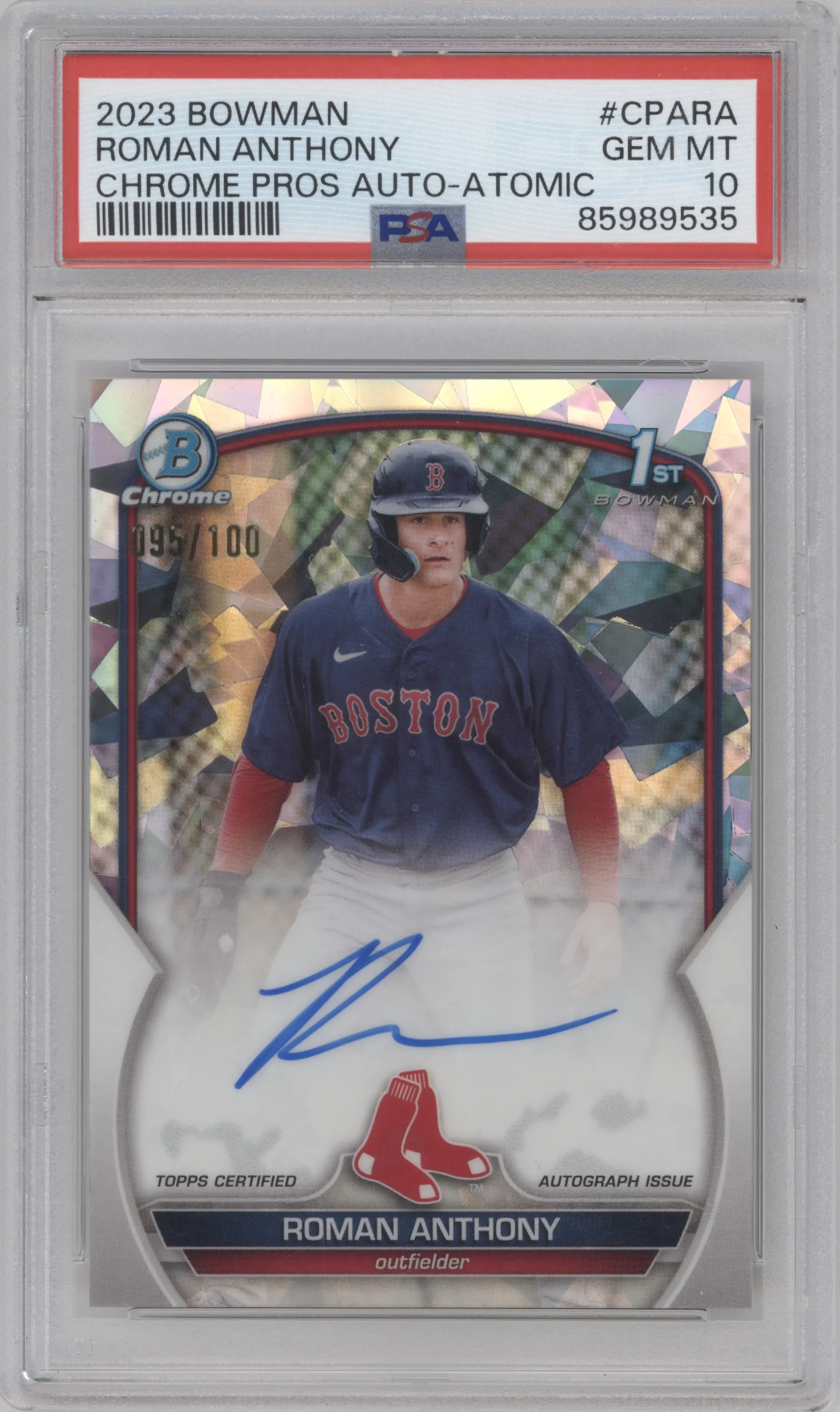 Roman Anthony from the 2023 Bowman  set featuring a Atomic Refractor  parallel graded by PSA and given an overall grade of 10.
