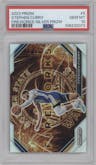 Stephen Curry from the 2023-24 Panini Prizm set featuring a Silver Prizm parallel graded by PSA and given an overall grade of 10.