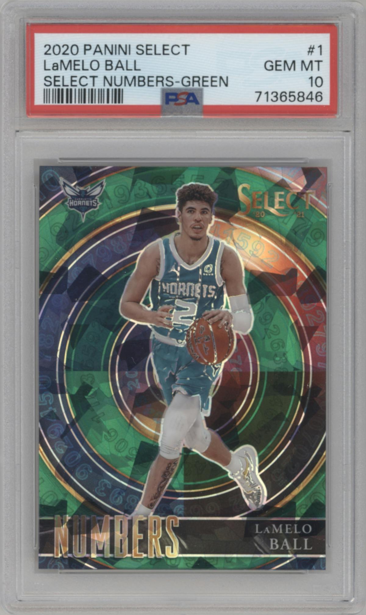 LaMelo Ball from the 2020-21 Panini Select  set featuring a Green parallel graded by PSA and given an overall grade of 10.