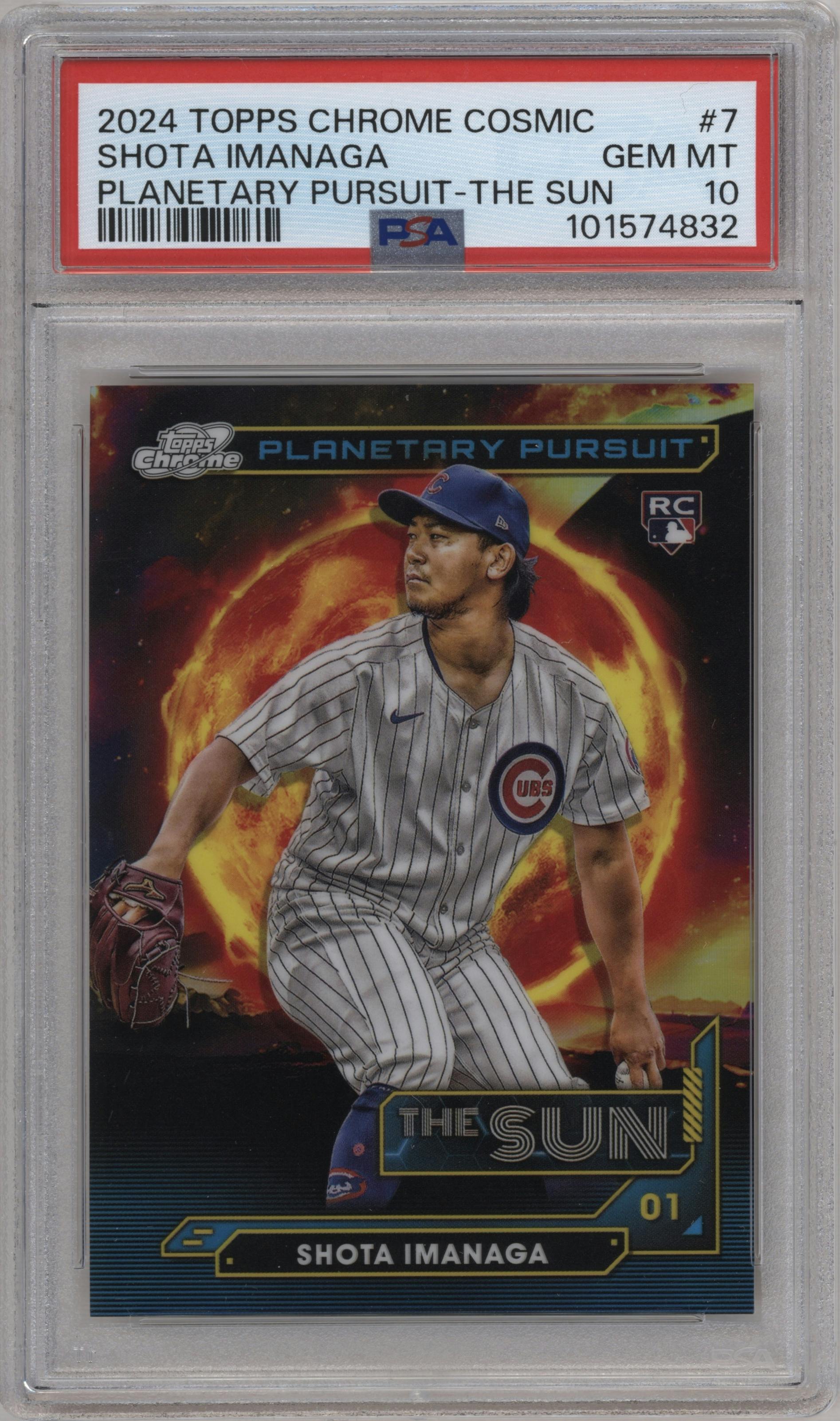 Shota Imanaga from the 2024 Topps Cosmic Chrome set graded by PSA and given an overall grade of 10.