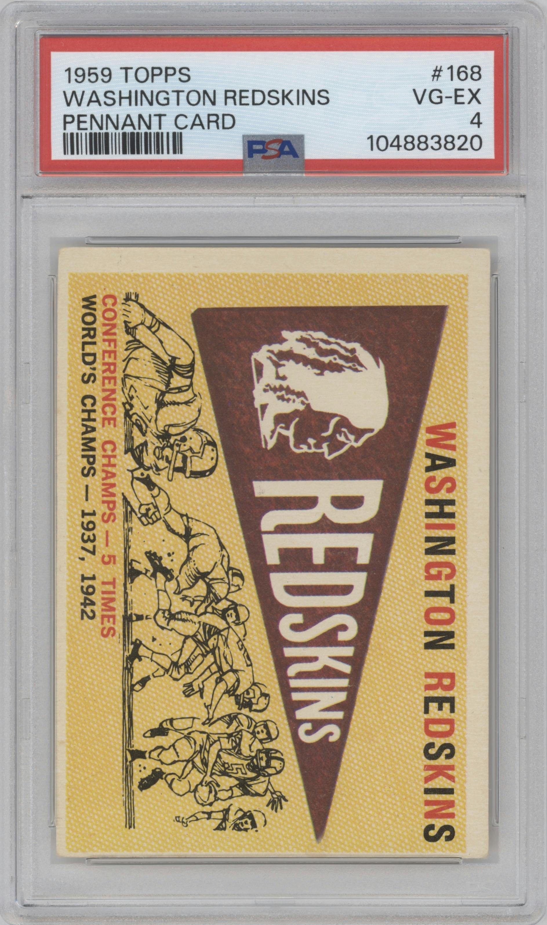 Redskins Pennant from the 1959 Topps set graded by PSA and given an overall grade of 4.
