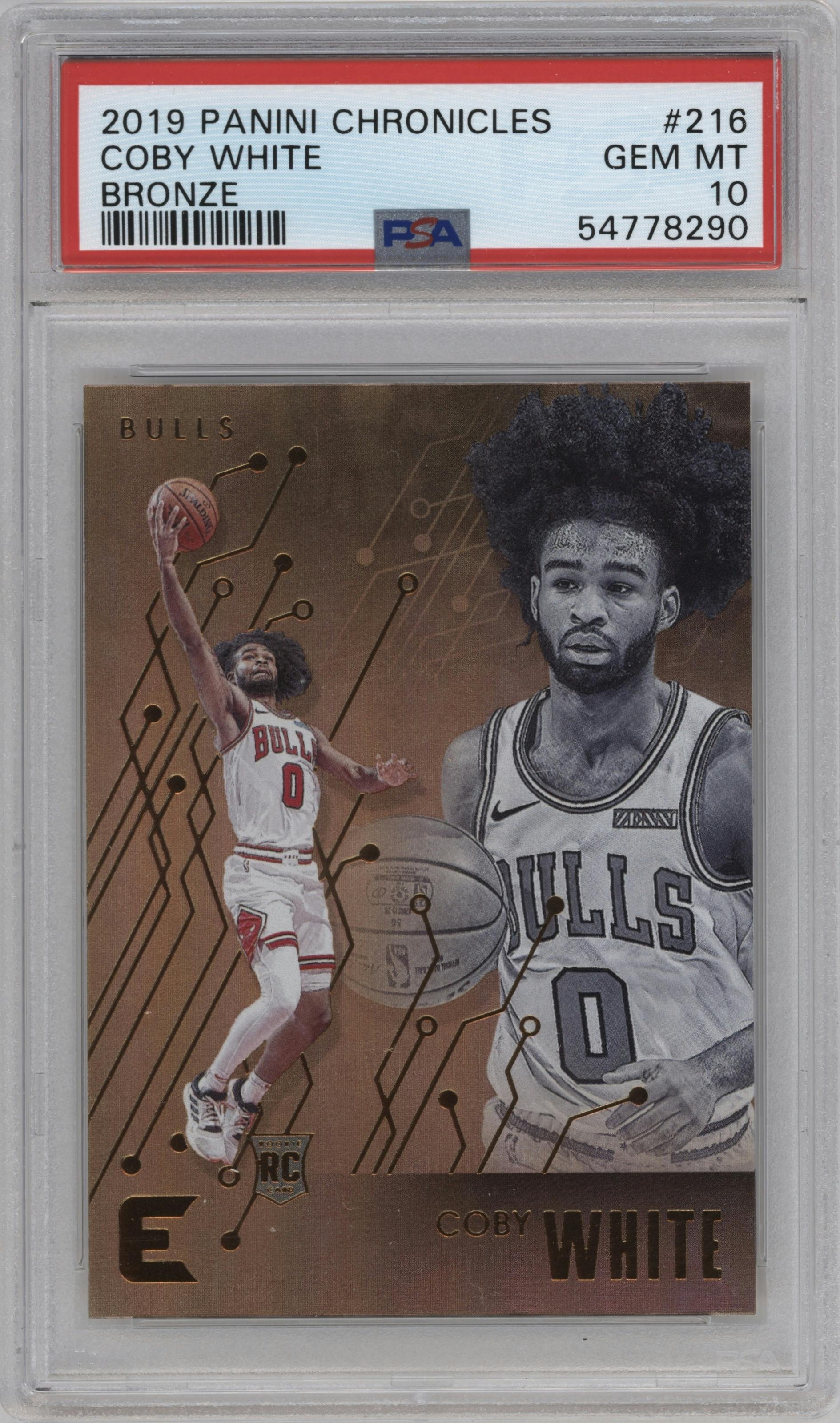 Coby White from the 2019-20 Panini Chronicles  set featuring a Bronze parallel graded by PSA and given an overall grade of 10.