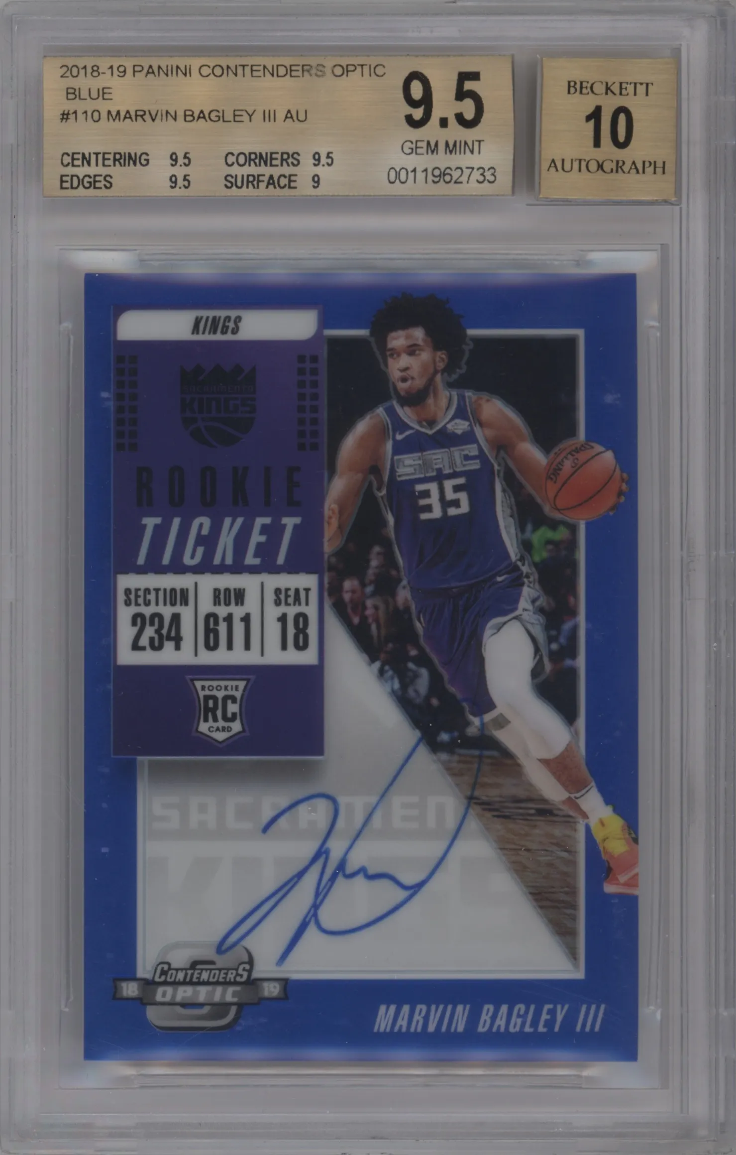 2018 Panini Contenders Optic Rke.Tkt.Auto Marvin Bagley III Blue #110 BGS 9.5