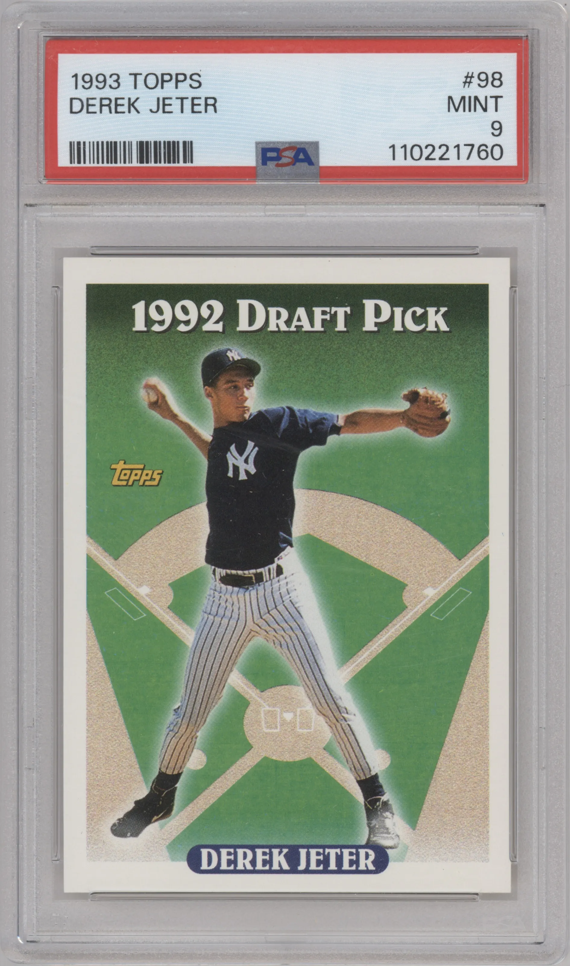 Derek Jeter from the 1993 Topps set graded by PSA and given an overall grade of 9.