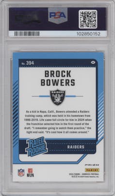 Brock Bowers from the 2024 Donruss set featuring a Red Pandora parallel graded by PSA and given an overall grade of 10.