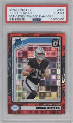 Brock Bowers from the 2024 Donruss set featuring a Red Pandora parallel graded by PSA and given an overall grade of 10.