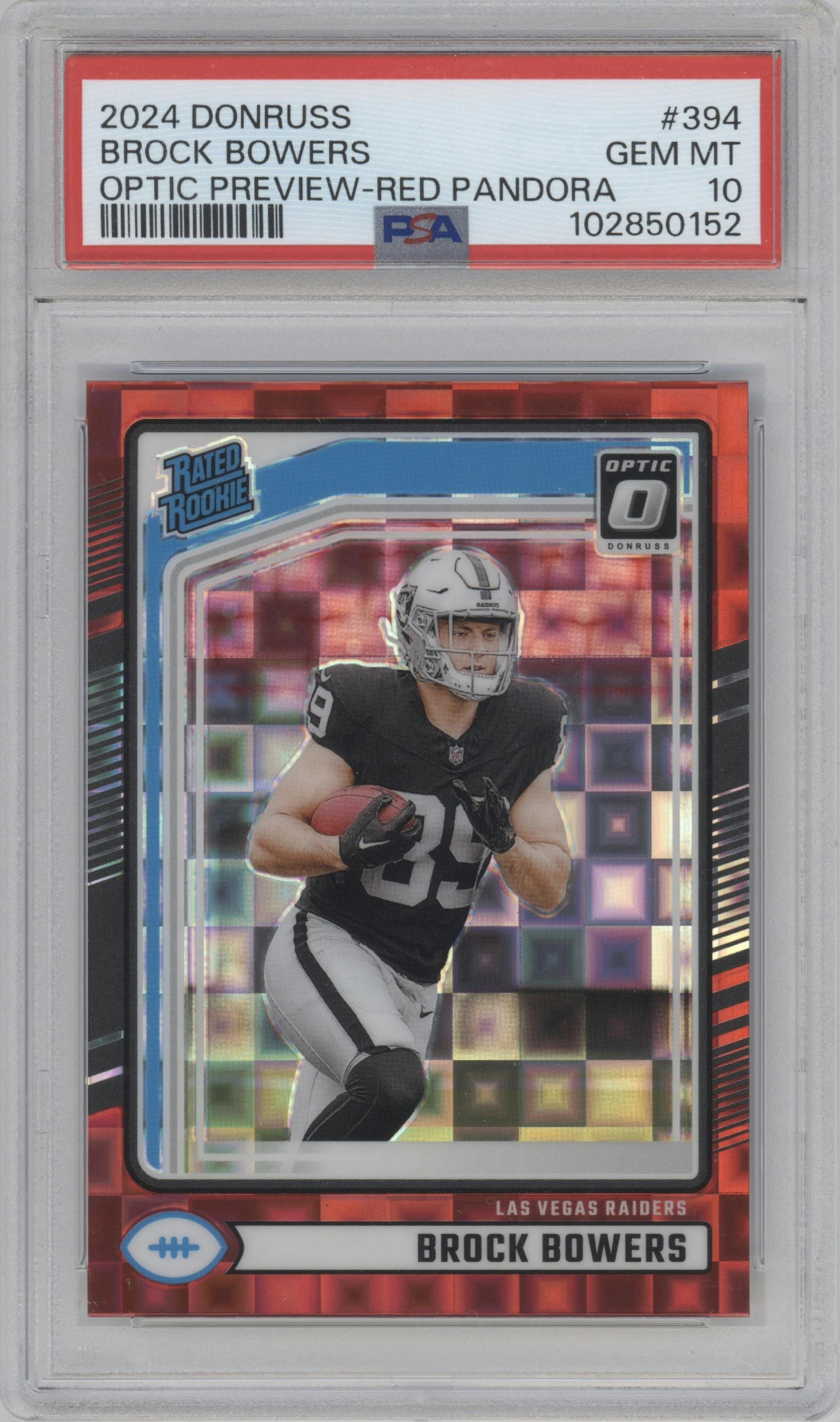 Brock Bowers from the 2024 Donruss set featuring a Red Pandora parallel graded by PSA and given an overall grade of 10.