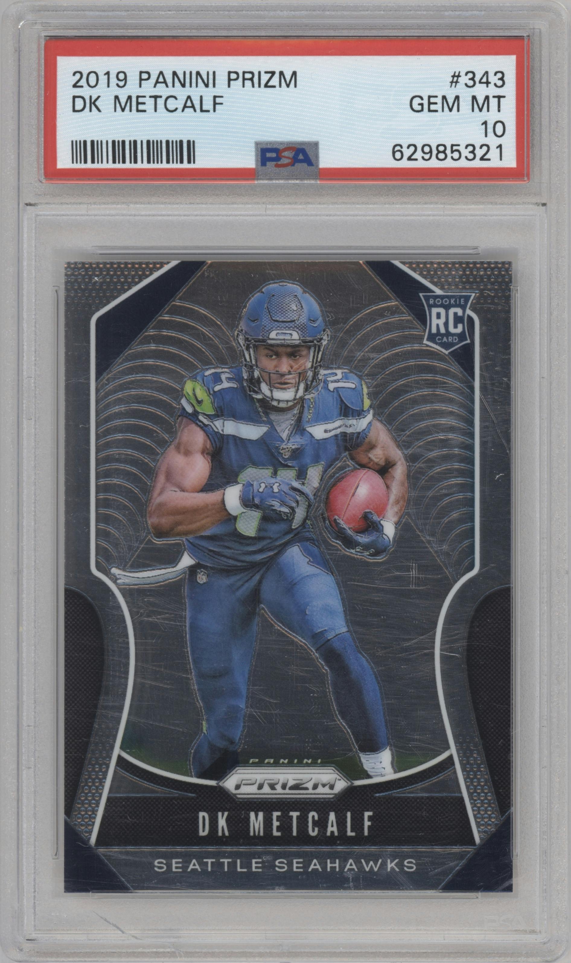 DK Metcalf from the 2019 Panini Prizm set graded by PSA and given an overall grade of 10.
