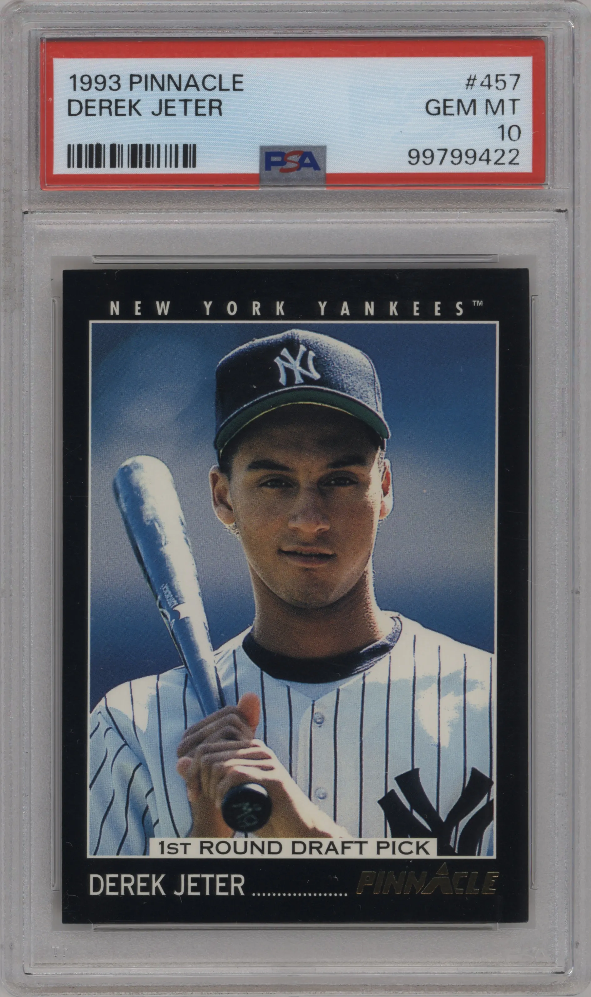Derek Jeter from the 1993 Pinnacle set graded by PSA and given an overall grade of 10.