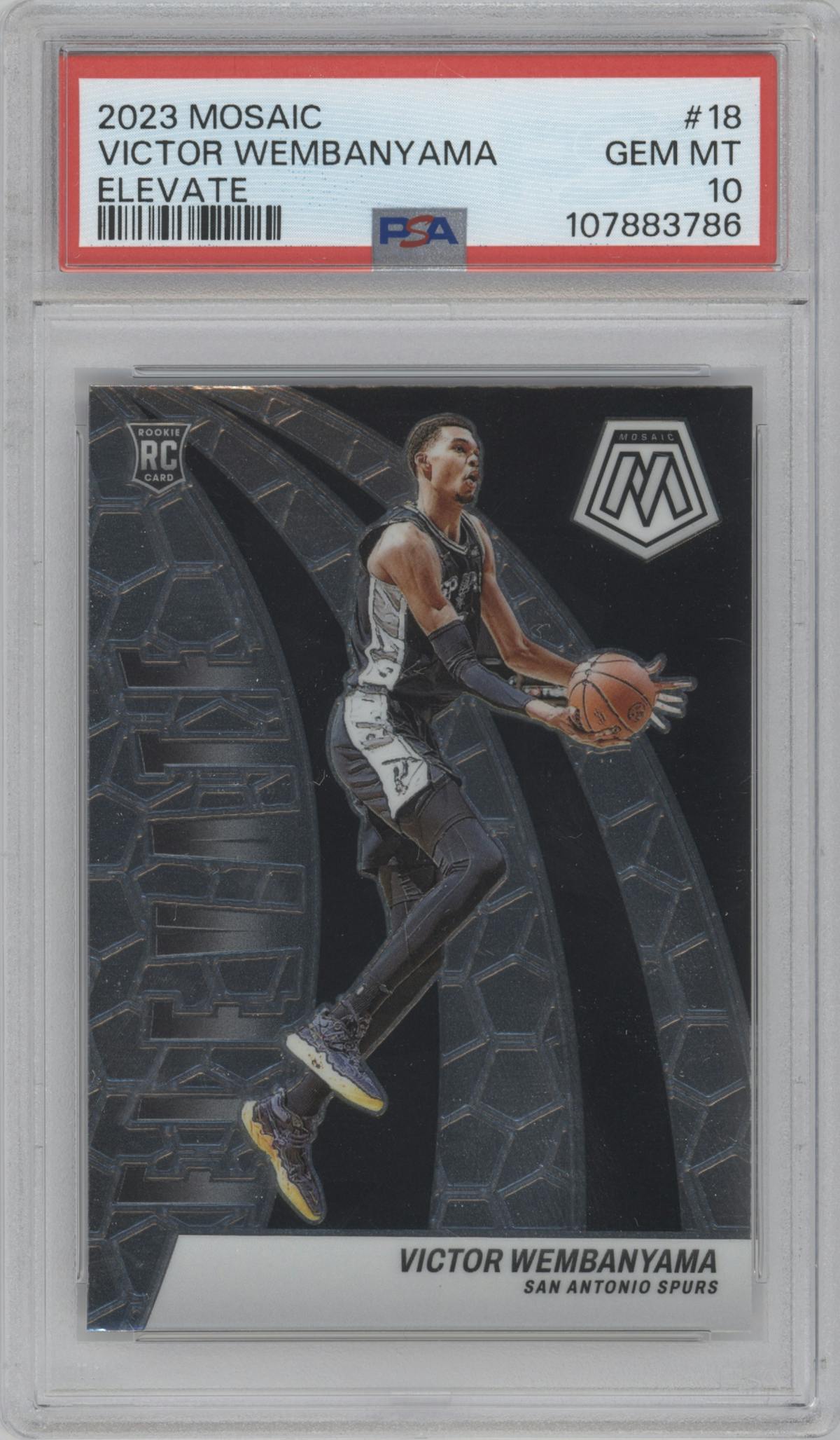 Victor Wembanyama from the 2023-24 Panini Mosaic set graded by PSA and given an overall grade of 10.