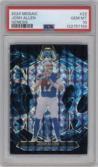 Josh Allen from the 2024 Panini Mosaic set featuring a Genesis parallel graded by PSA and given an overall grade of 10.