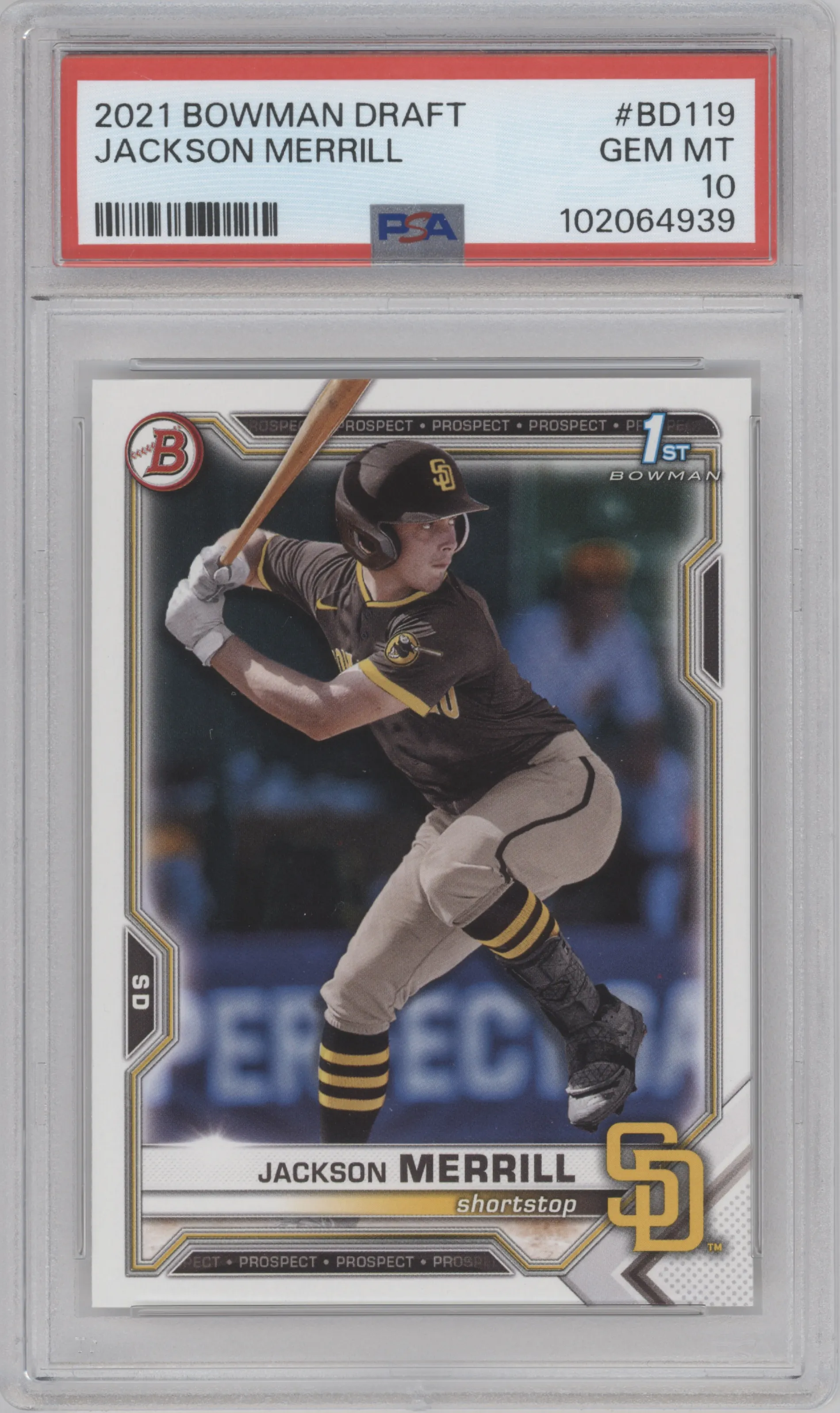 Jackson Merrill from the 2021 Bowman Draft set graded by PSA and given an overall grade of 10.