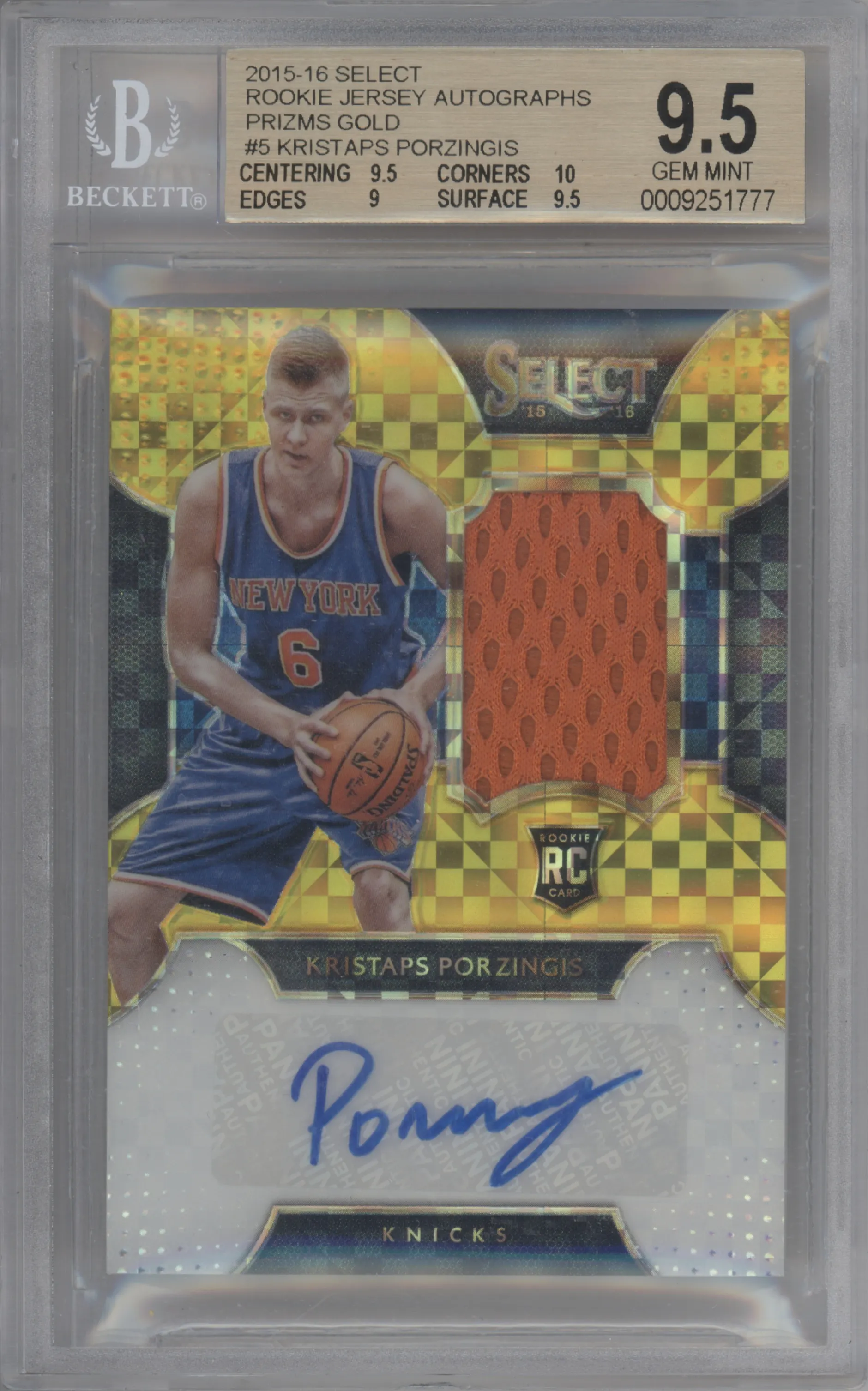 Kristaps Porzingis from the 2015-16 Panini Select  set featuring a Gold Prizm parallel graded by Beckett and given an overall grade of 9.5.