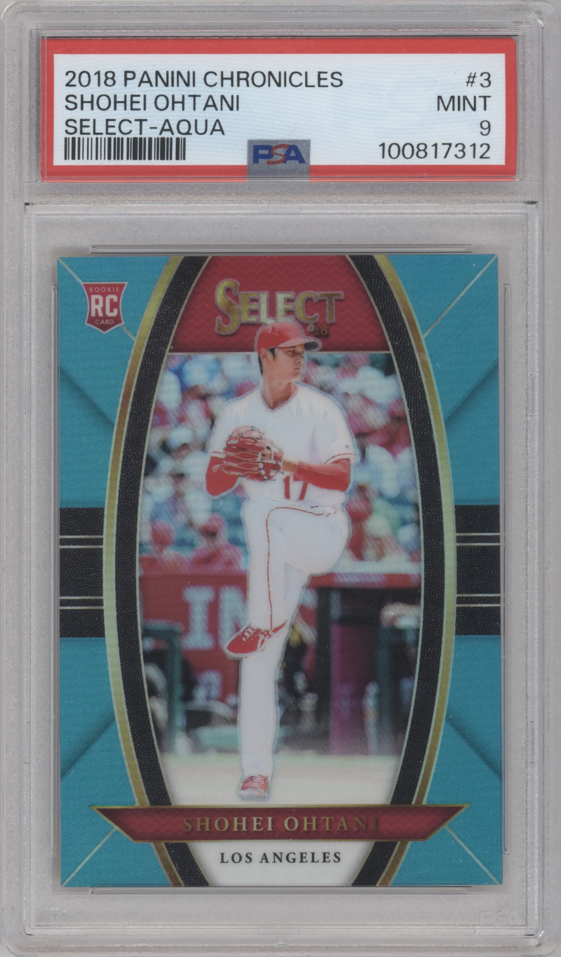 Shohei Ohtani from the 2018 Panini Chronicles set featuring a Aqua parallel graded by PSA and given an overall grade of 9.