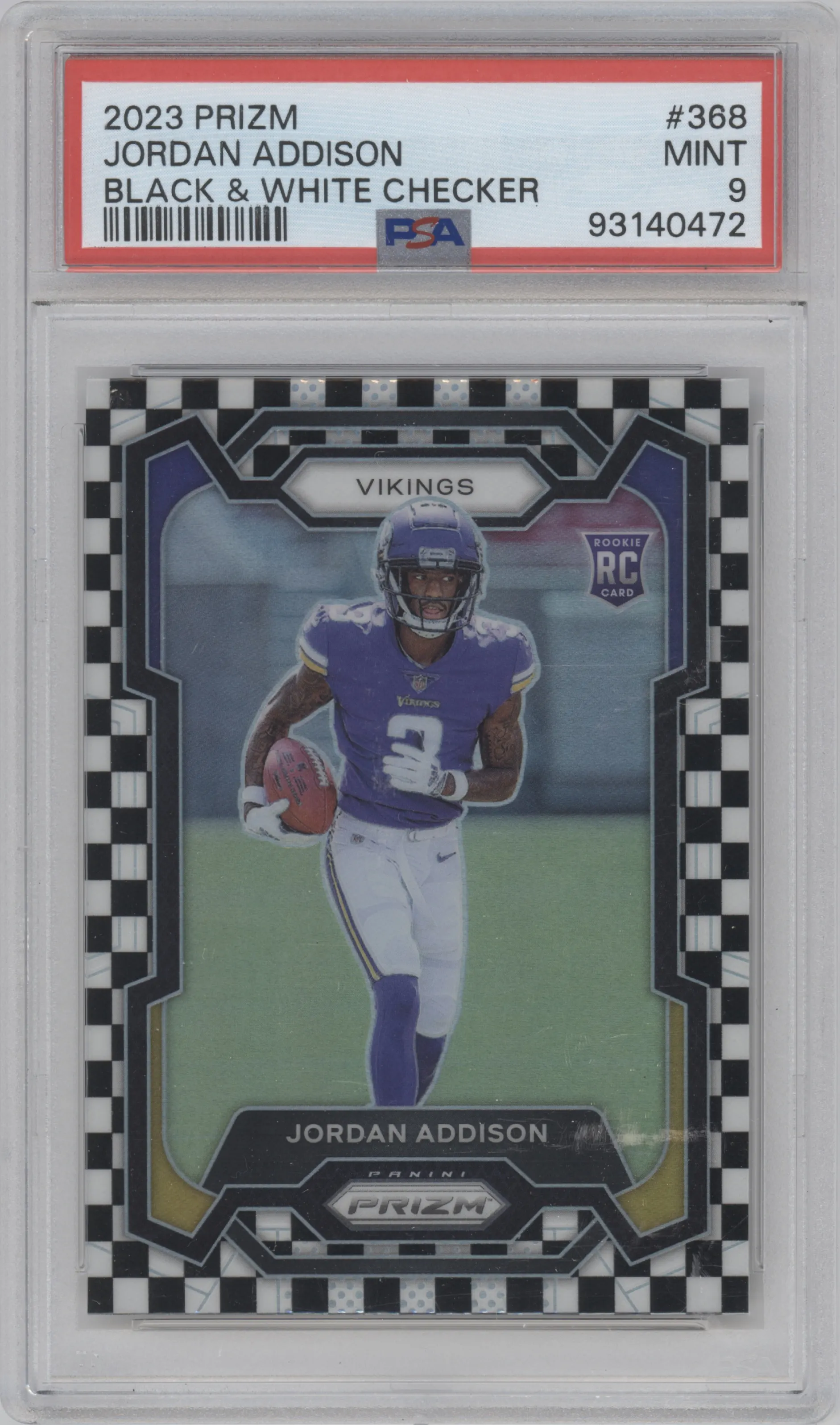 Jordan Addison from the 2023 Panini Prizm set featuring a Black/White Checker parallel graded by PSA and given an overall grade of 9.