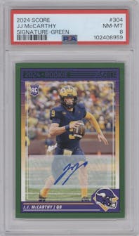 J.J. McCarthy from the 2024 Panini Score set featuring a Green parallel graded by PSA and given an overall grade of 8.