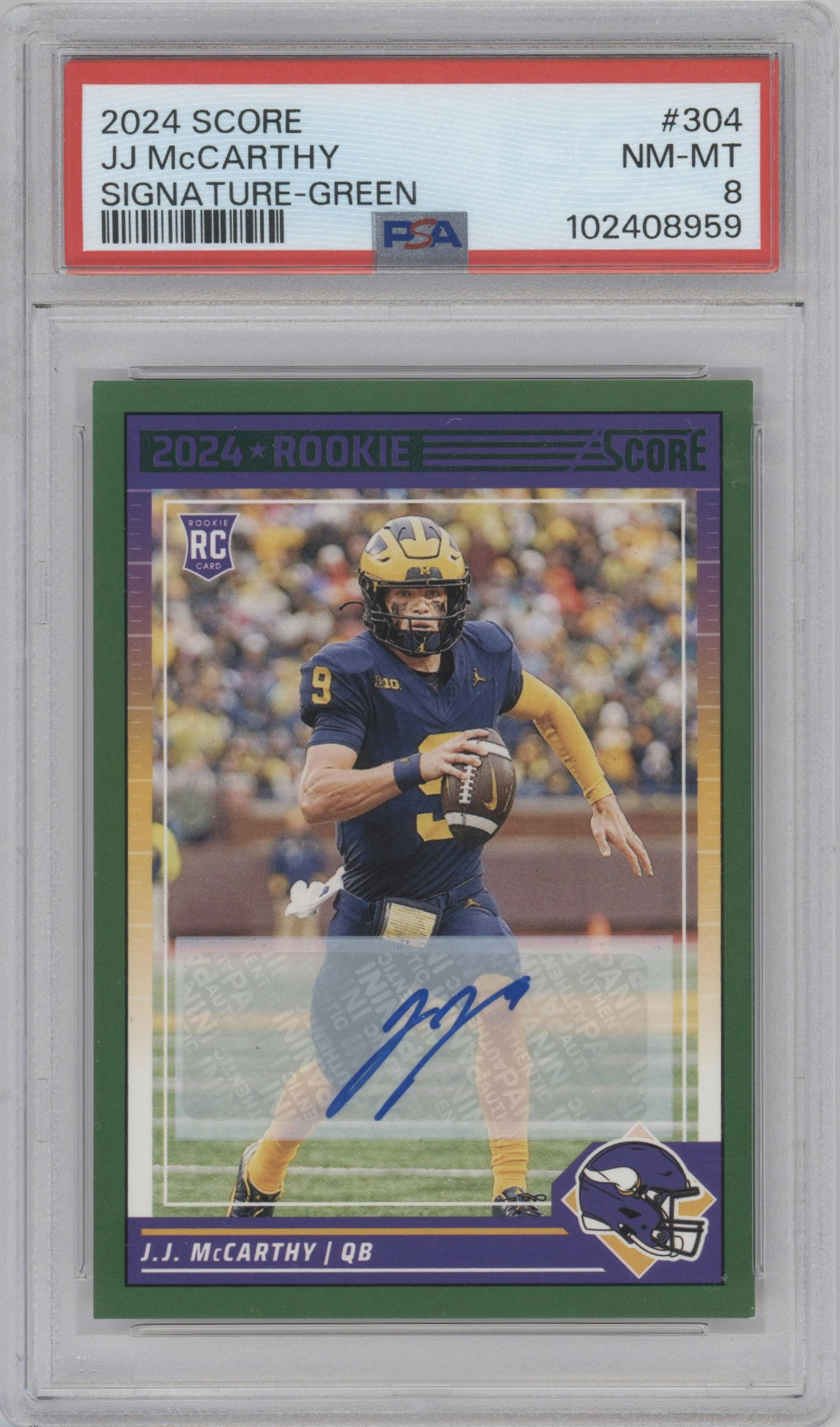 J.J. McCarthy from the 2024 Panini Score set featuring a Green parallel graded by PSA and given an overall grade of 8.