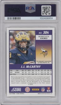 J.J. McCarthy from the 2024 Panini Score set featuring a Green parallel graded by PSA and given an overall grade of 8.