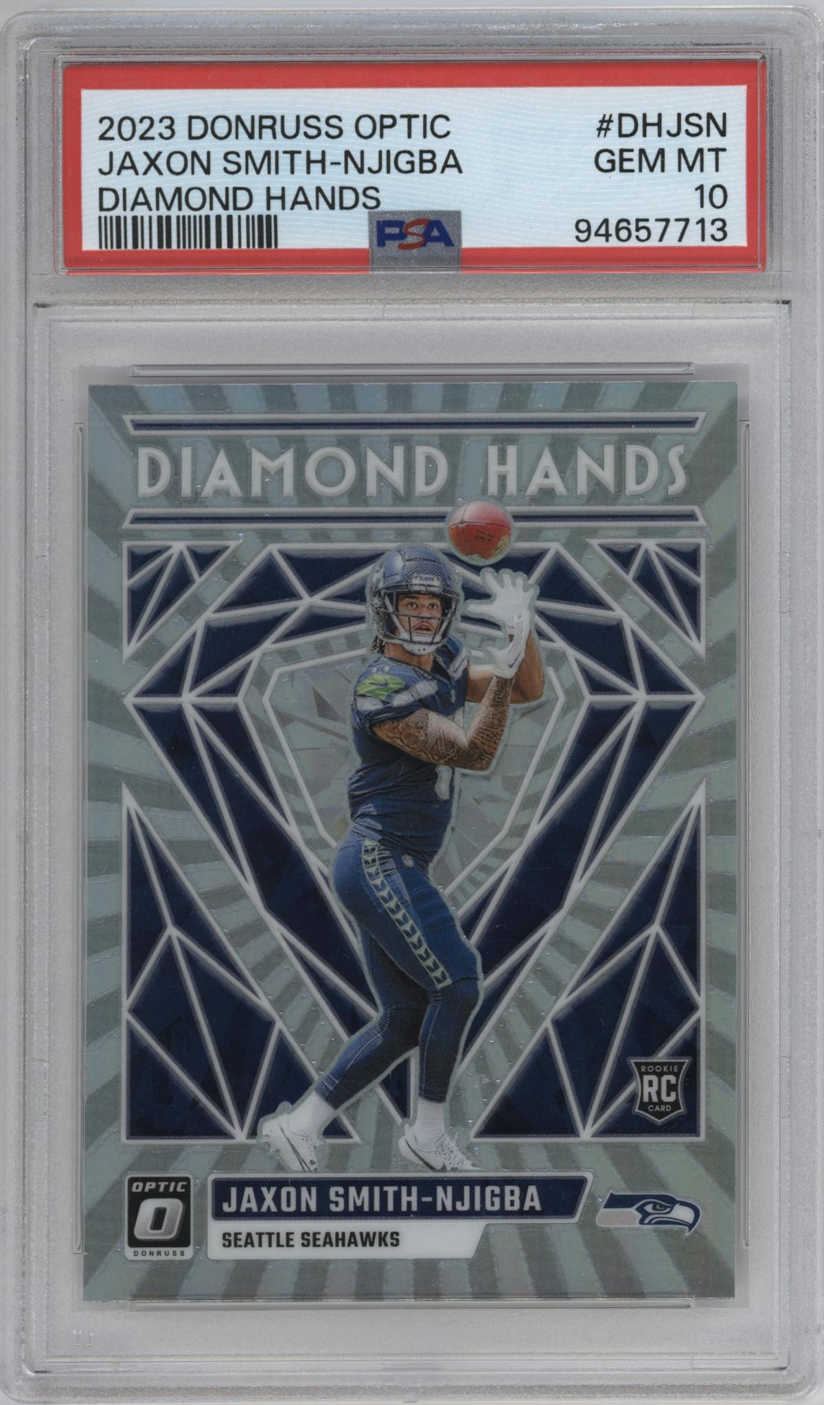 Jaxon Smith-Njigba from the 2023 Donruss Optic set graded by PSA and given an overall grade of 10.