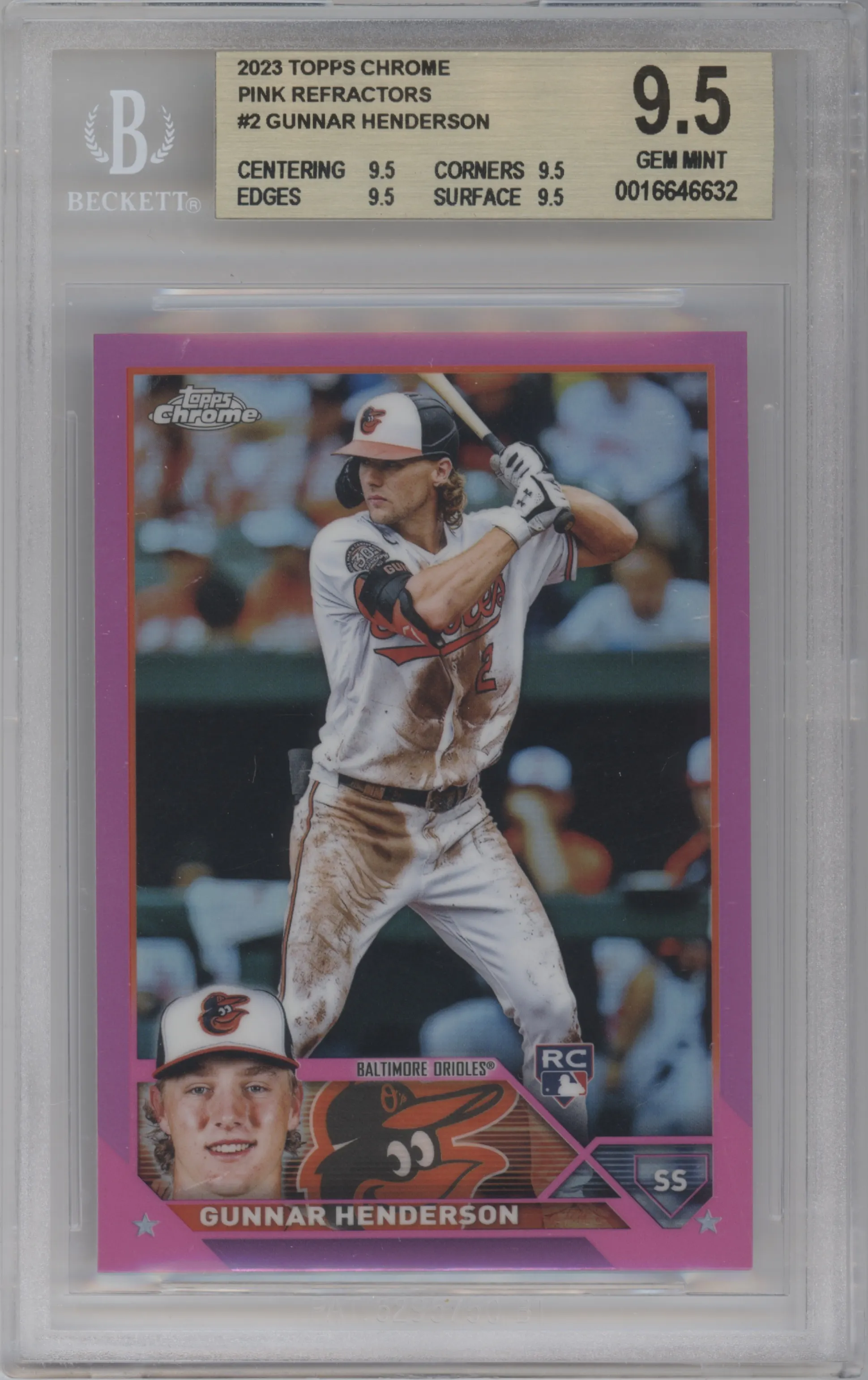 Gunnar Henderson from the 2023 Topps Chrome set featuring a Pink Refractor parallel graded by Beckett and given an overall grade of 9.5.