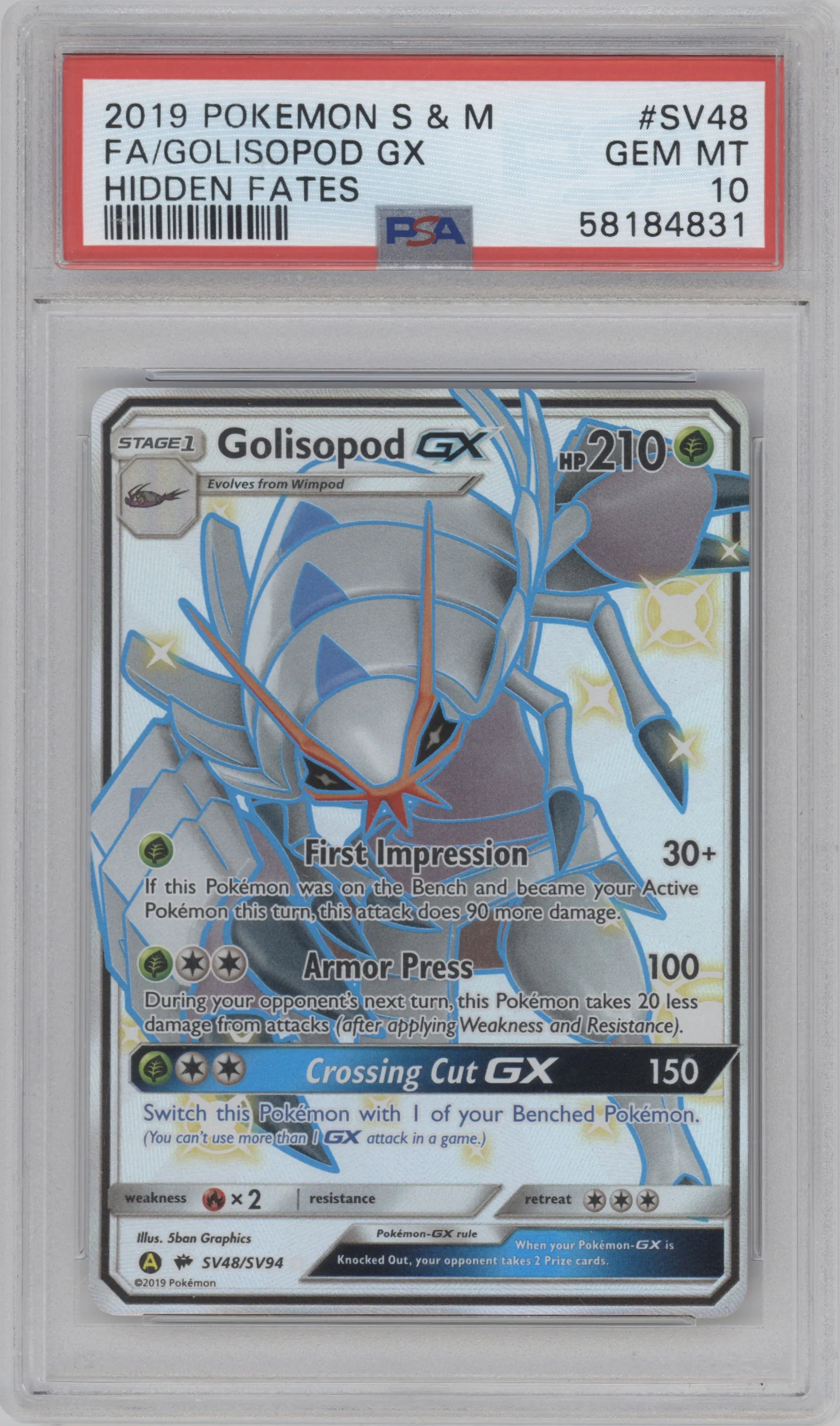 Golisopod GX from the 2019 Pokemon S&M  set graded by PSA and given an overall grade of 10.