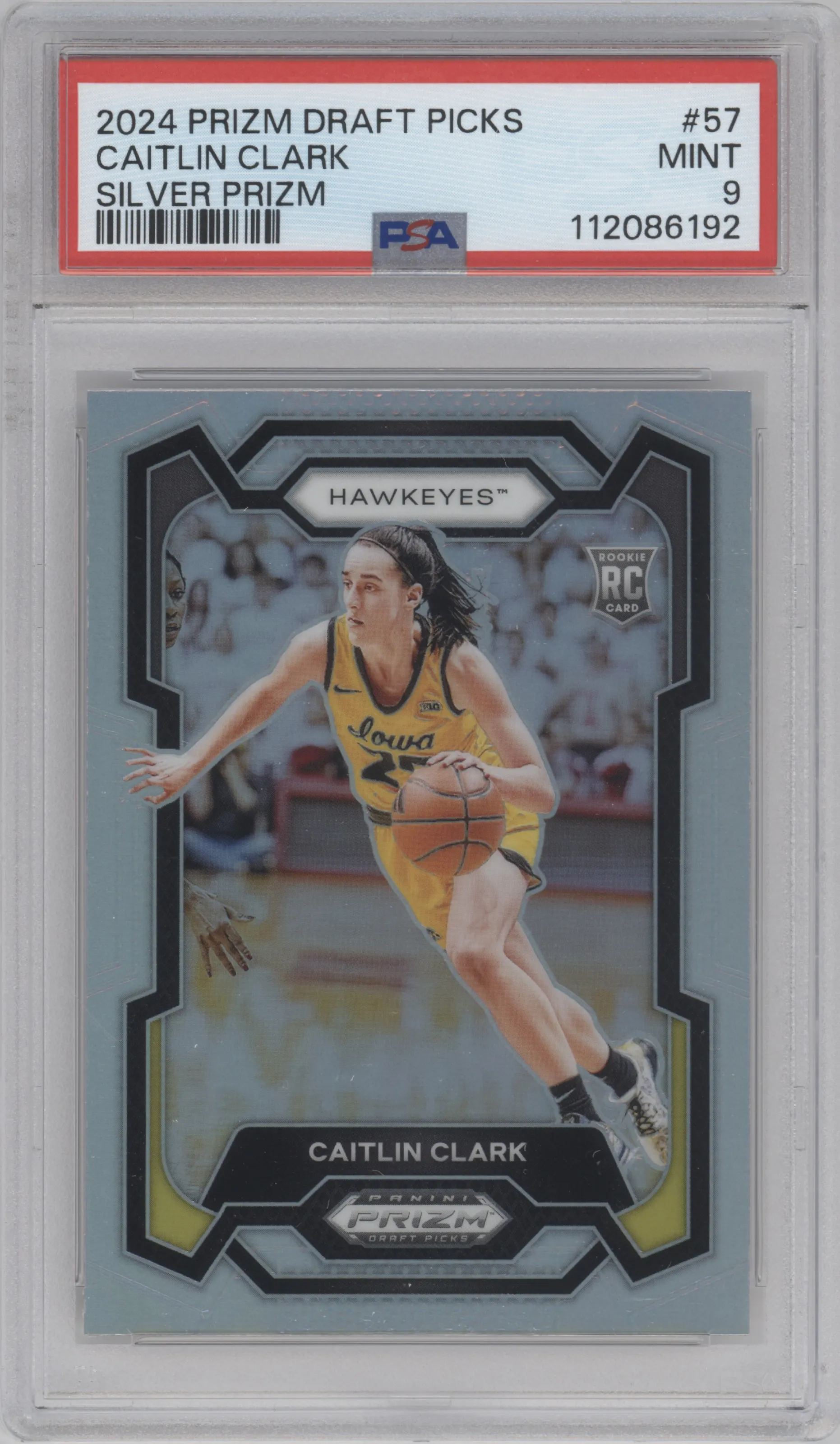 Caitlin Clark from the 2024 Panini Prizm Draft Picks set featuring a Silver parallel graded by PSA and given an overall grade of 9.
