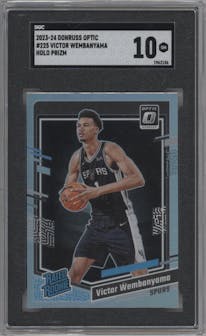 Victor Wembanyama from the 2023-24 Donruss Optic set featuring a Holo parallel graded by SGC and given an overall grade of 10.