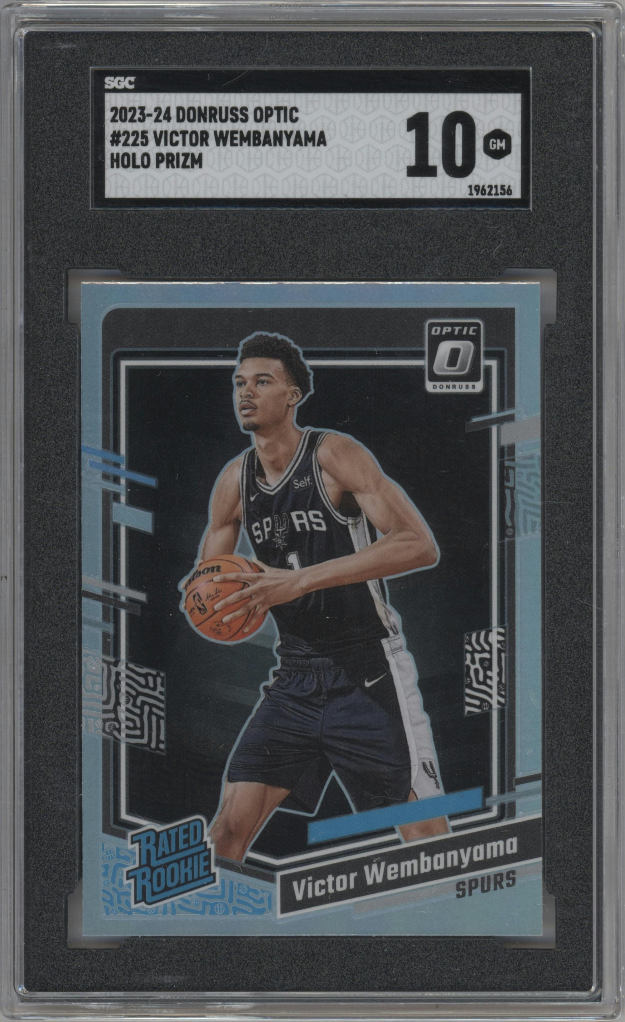 Victor Wembanyama from the 2023-24 Donruss Optic set featuring a Holo parallel graded by SGC and given an overall grade of 10.